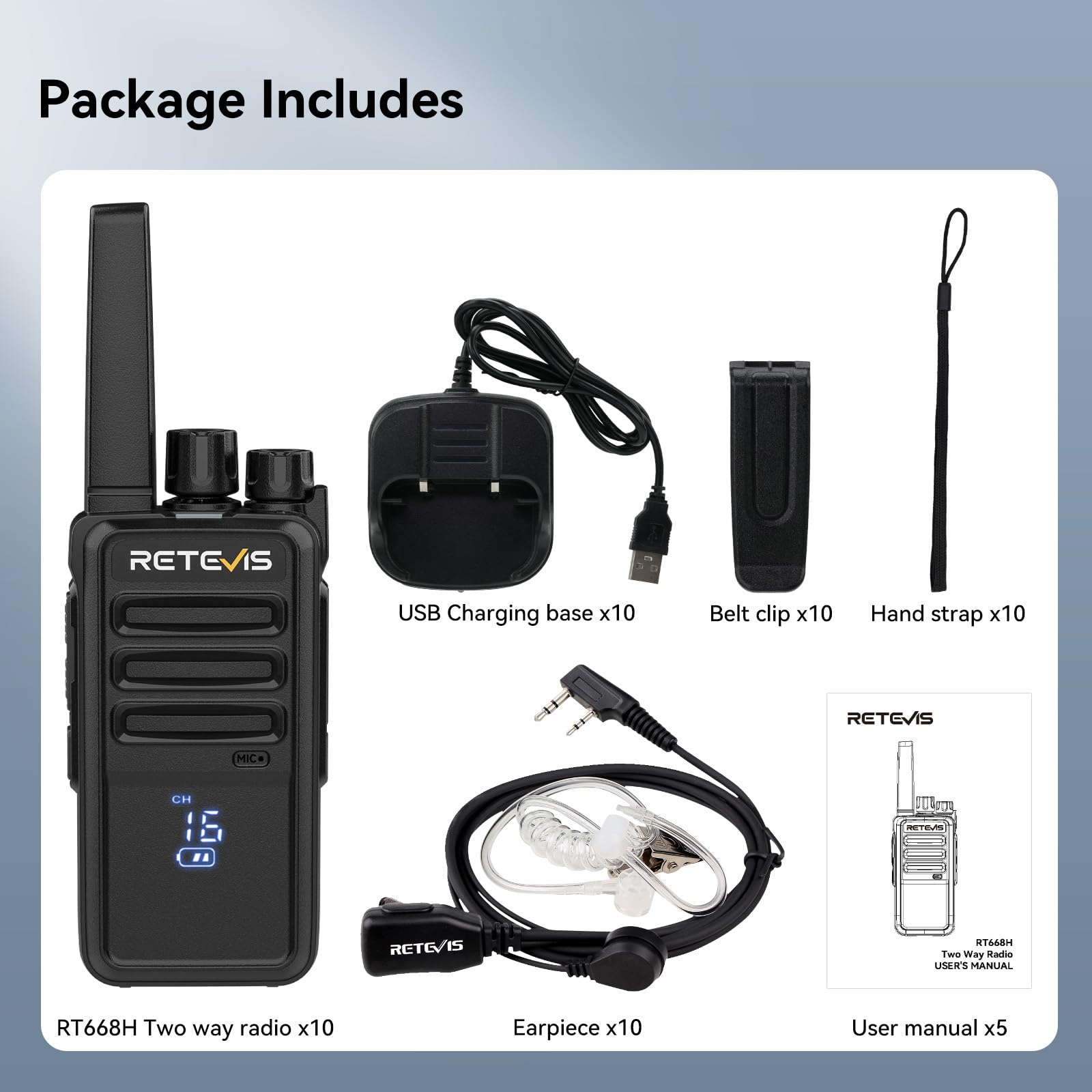 Retevis RT668H Walkie Talkie Profesional, Walkie Talkies con Pantalla, Walkie Talkie Recargable USB C, PMR 446 Walkie-Talkies con Auriculares VOX para Comercial, Hotel (10 Pcs, Negro)