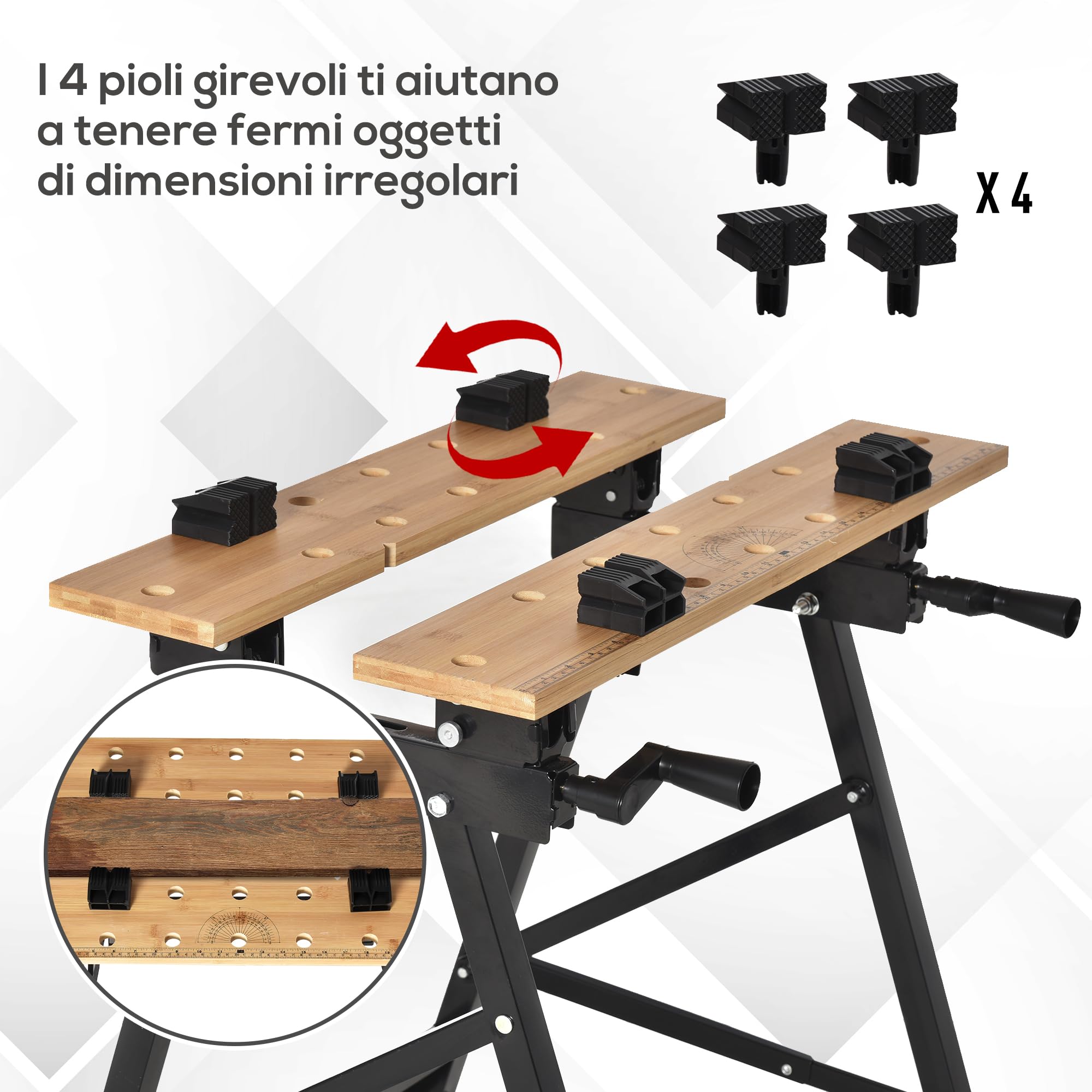 HOMCOM Banco da Lavoro Pieghevole 4 Morse Portata 150 kg Nero e Legno | Riga e Goniometro, Tavolo da Lavoro Regolabile e Portatile, per Casa e Fai da Te