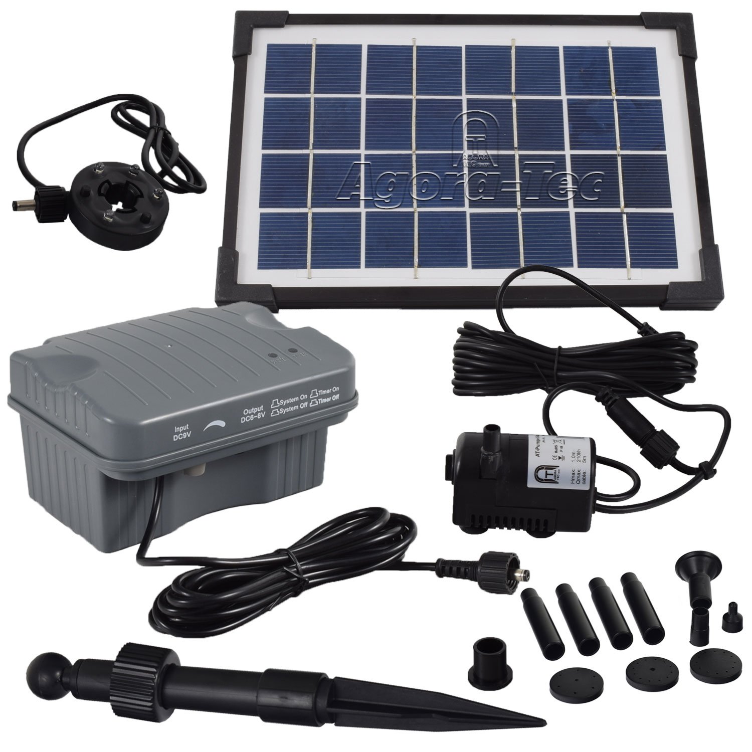 Agora-Tec® Solar Teichpumpe Set 3,5W beleuchtet | 3-fach LED Ring | Blei-Gel Akku 6V 3,2Ah | 210l/h Fördermenge | 0,80m Fontainenhöhe | Dämmerungssensor