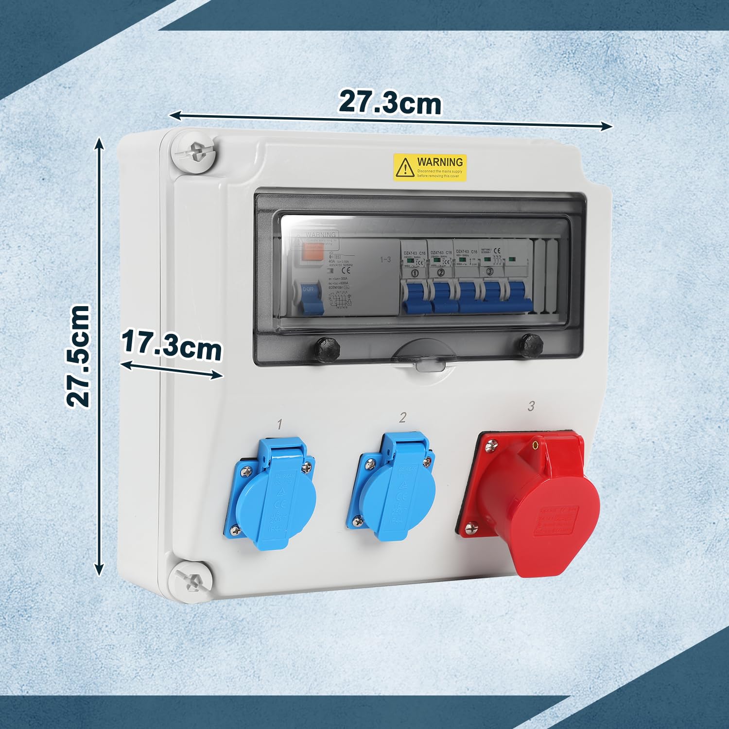 Rozdzielacz ścienny, 1 x 16 A 2 x 230 V z LS+FI, z wyłącznikiem ochronnym, z RCB, rozdzielacz z pokrywą bezpieczeństwa, gniazdo CEE 16 A, do użytku wewnątrz i na zewnątrz