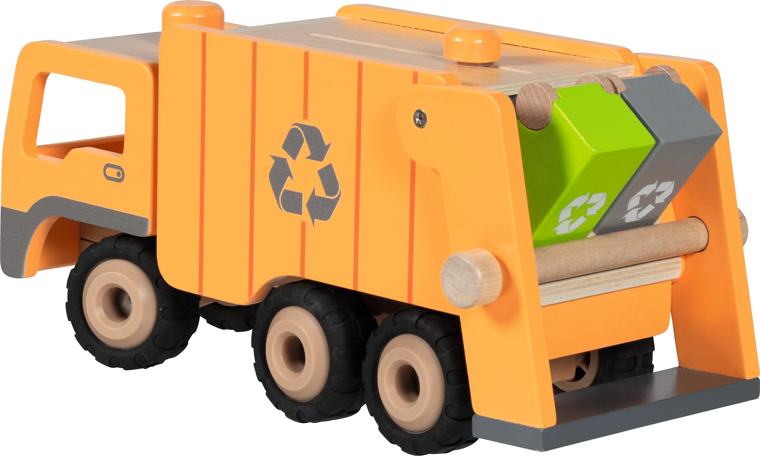 goki 55848 - Camión de Basura Eco de Madera – Dirigible Mediante botón Giratorio, Dispositivo de elevación y 2 Cubos de Basura, 36 × 16 × 17,5 cm