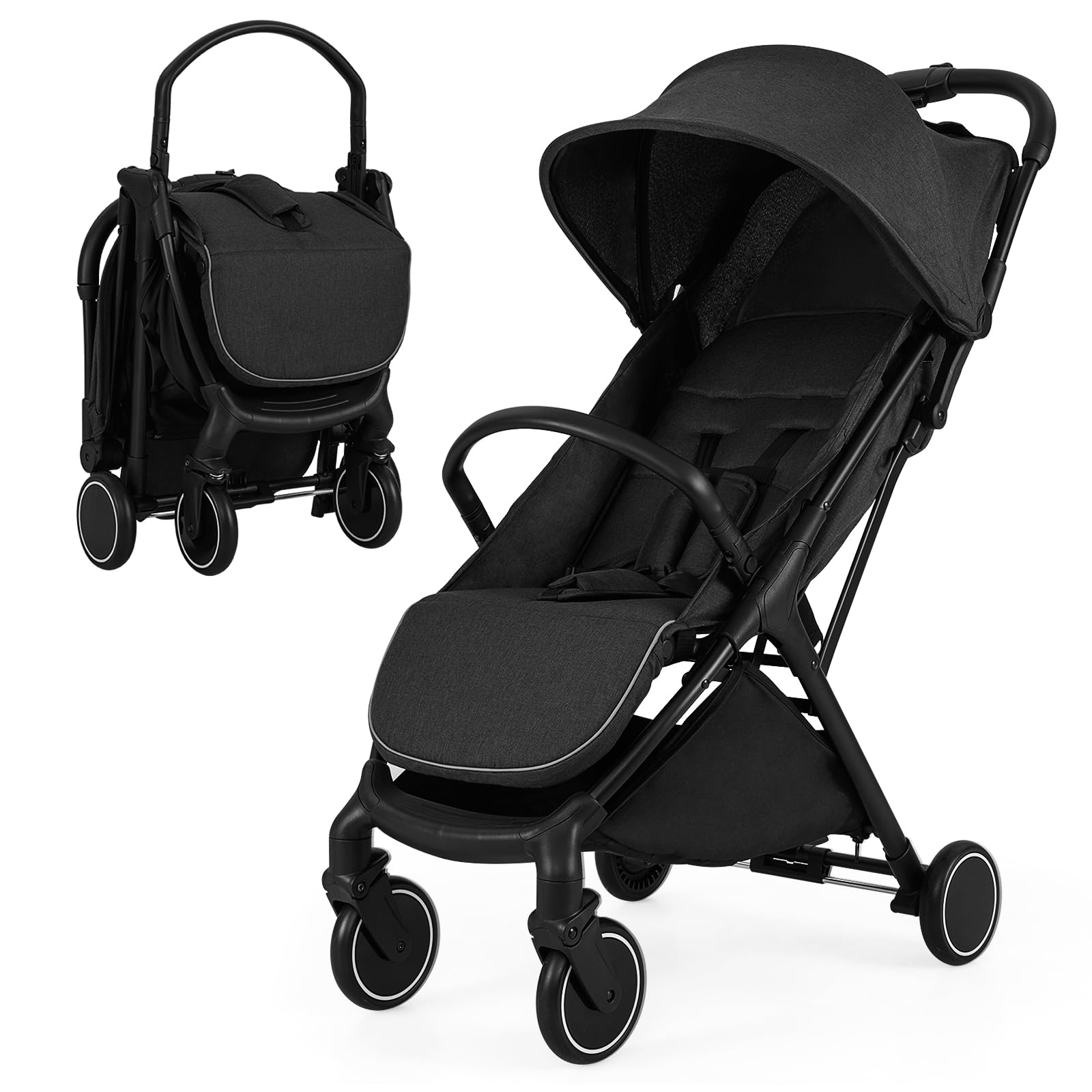 DREAMADE Poussette pour Bébé, Poussette Canne Ultra Compacte avec Harnais à 5 Points, Poussette Bébé Capote Grande avec Une Fenêtre, Pliage d'Une Main, Dossier Réglable, pour Enfant 0-3 Ans(Noir)