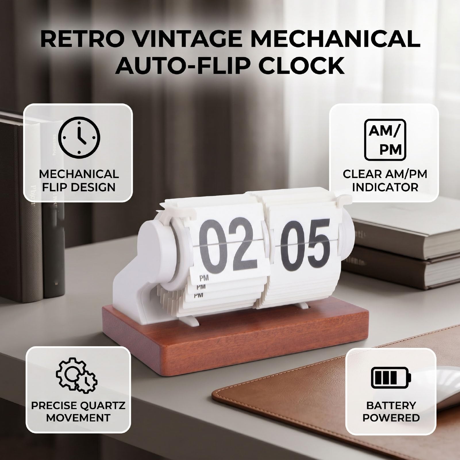 Reloj de Escritorio Retro con Volteo, Reloj Mecánico con Automático de Páginas, Números Grandes, Funcionamiento a Batería, Movimiento de Cuarzo Silencioso (White)