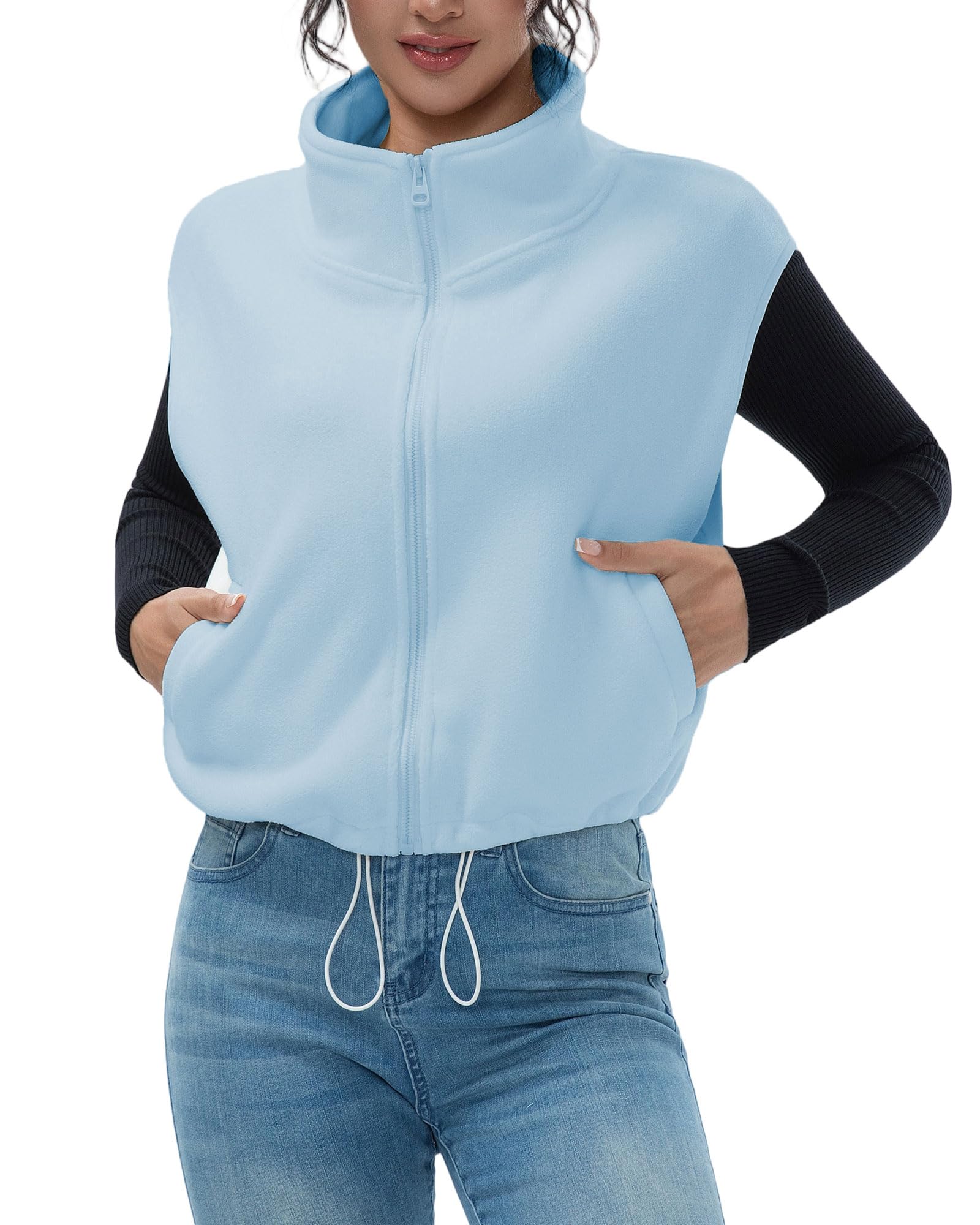 miswek Women's Full Zip Fleece Short Vest Warm Winter Sleeveless Stand Collar Sherpa Crop Coat