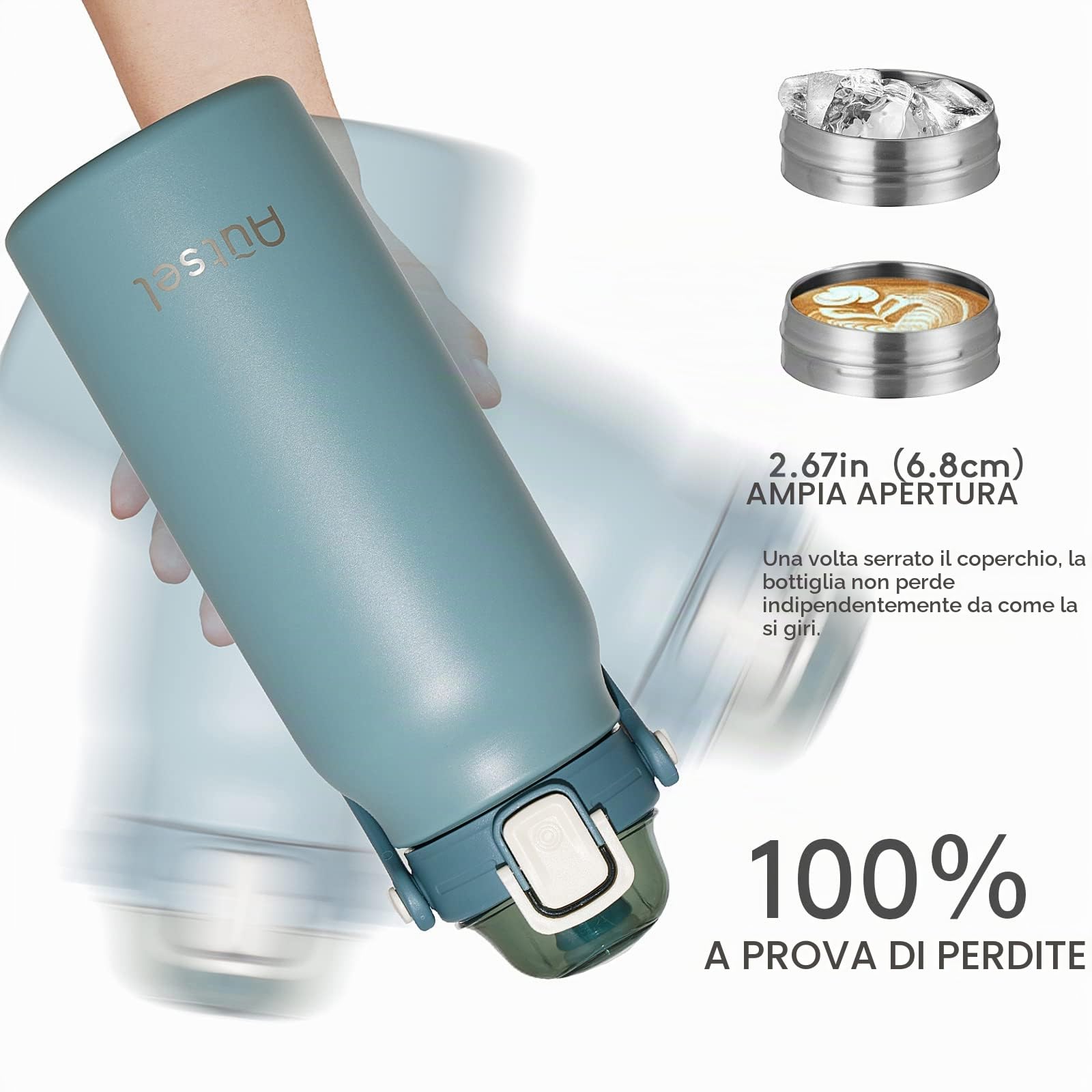 Borraccia Termica 1.7 litro Bottiglia Termica Senza Perdite Borraccia Palestra Sportiva in acciaio inox, rimanere fredde 24h o calde 12h, Senza BPA, per Sport, Yoga, Ciclismo