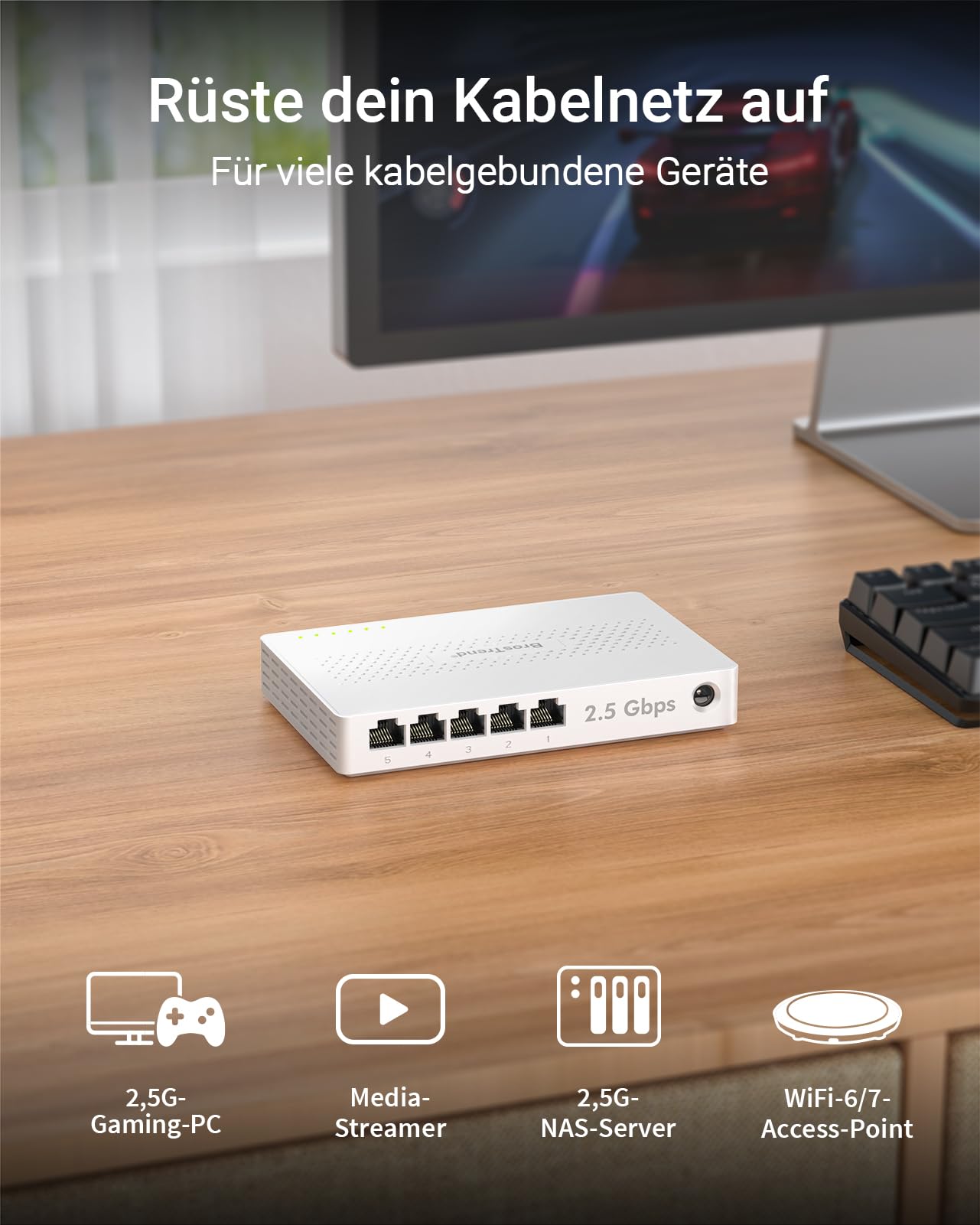 BrosTrend 5-Ports 2.5G LAN Switch, 2.5 Gbit/s Unmanaged Ethernet Netzwerk Switch für Gaming-PC NAS Server, Gigabit Switch LAN Splitter (Plug-and-Play, Lüfterlos, Desktop/Wandmontage, Lifetime-Schutz)