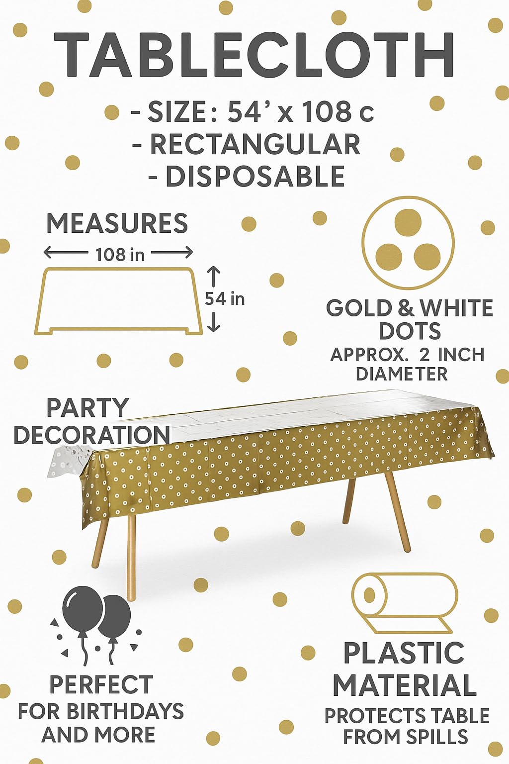 Oojami 4 Pack Gold Polka Dot Plastic Tablecloths – 108