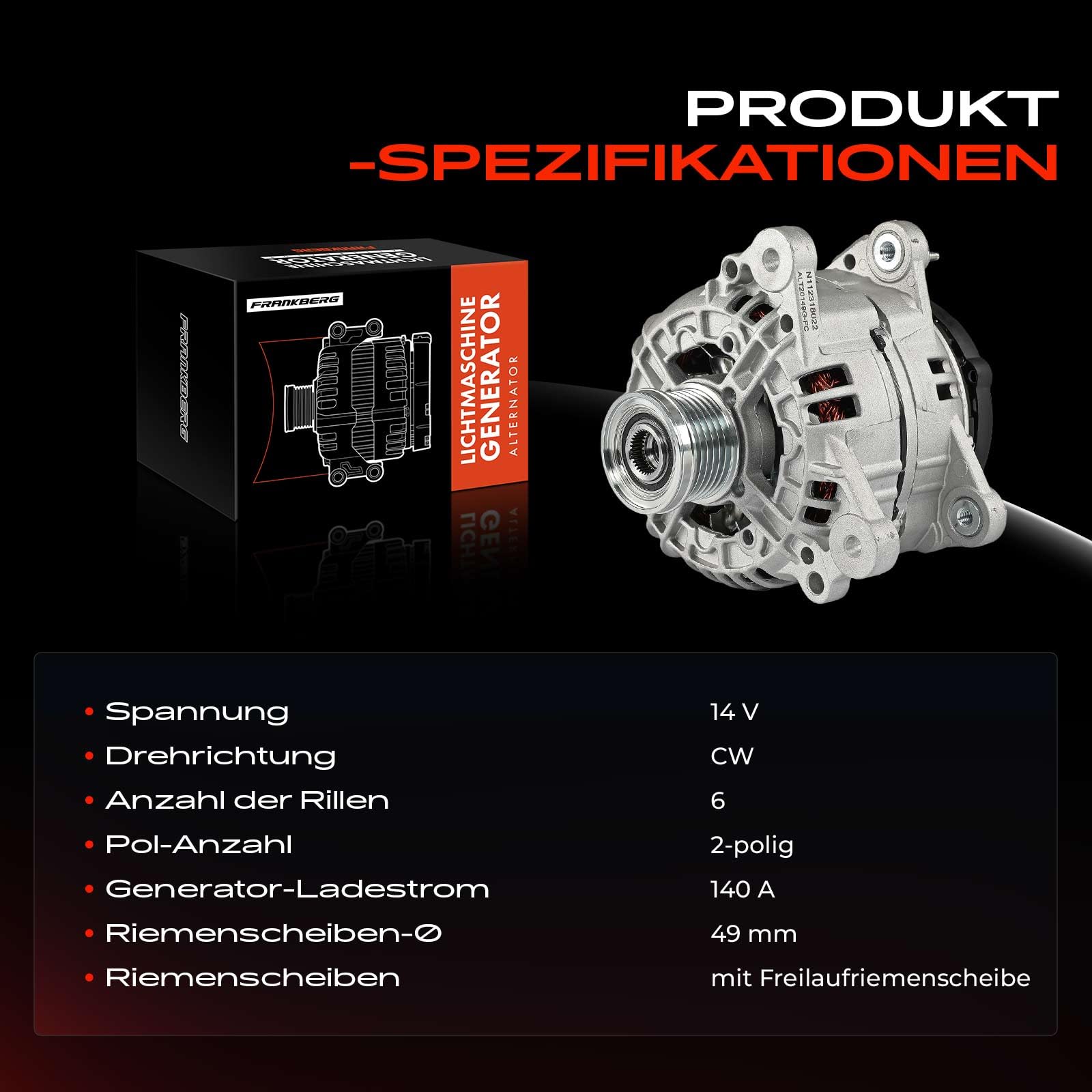 Frankberg Lichtmaschine Generator 2-Polig Kompatibel mit A3 8P1 1.2L 2010-2012 Golf VI 5K1 1.2L 2008-2012 Altea XL 5P5 5P8 1.2L 2010-2024 Ibiza IV 6J5 6P1 1.2L 2010-2015 Replace# 03F903023DX