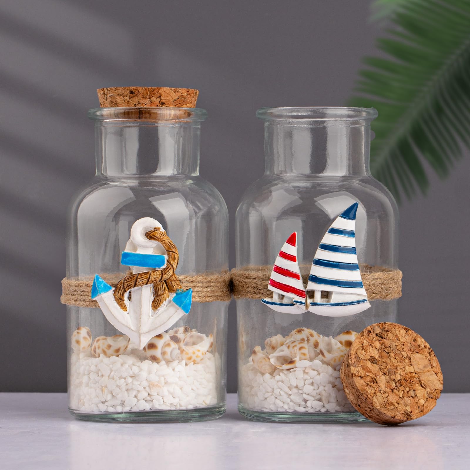 2PCS Coastal & Beach Decor Glass Bottles with Cork & White Sand Rocks and Natural Sea Shells for Coastal & Beach Room Decor, Home Tabletop & Summer