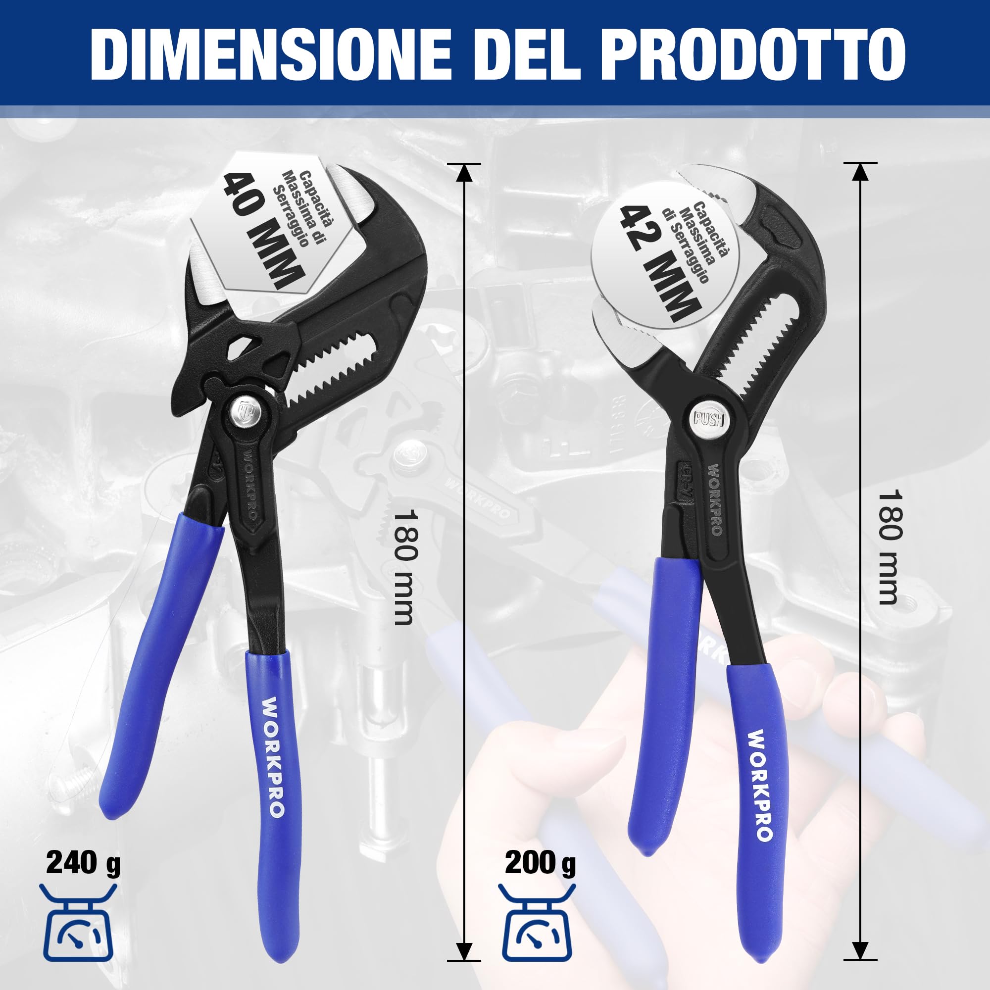 WOKRPRO Set di 2 Pinze Idraulico da 180 mm, Pinza Regolabile, Pinza a Pappagallo, Protezione di Bloccaggio, Impugnatura Antiscivole, Acciaio CrV, Chiave pappagallo a Apertura Massima 40/42 mm