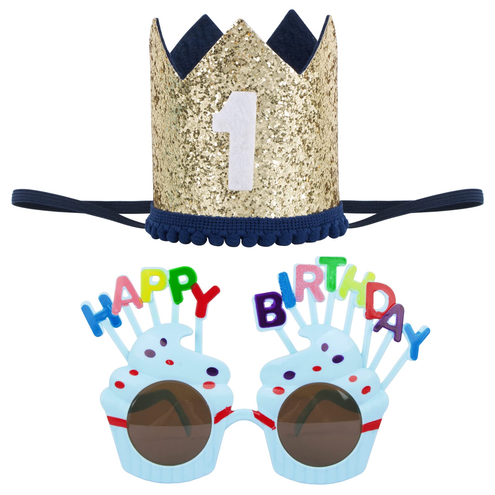 BETESSIN Crown Hat with 0-9 Numbers & Happy Birthday Glasses Adjustable Birthday Crown for Baby Girl Kids Adults Tiara Birthday Party Supplies