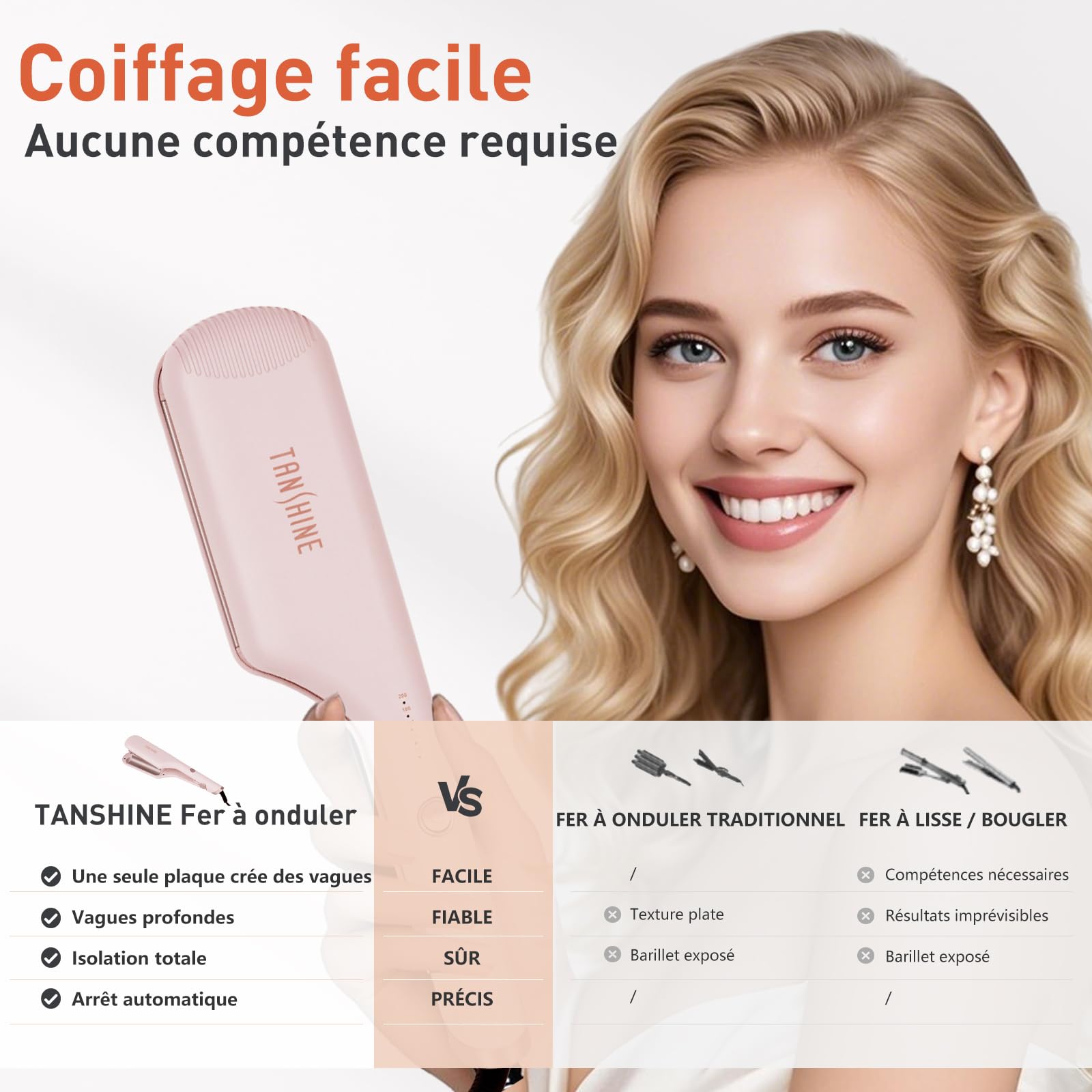 TANSHINE Boucleur a Cheveux, 32mm Mermaid Beach Waver, Fer à Friser Boucler Wavy Avec 5 Températures Réglables, Anti-échaudage pour Les Vagues Profondes Larges,Rose