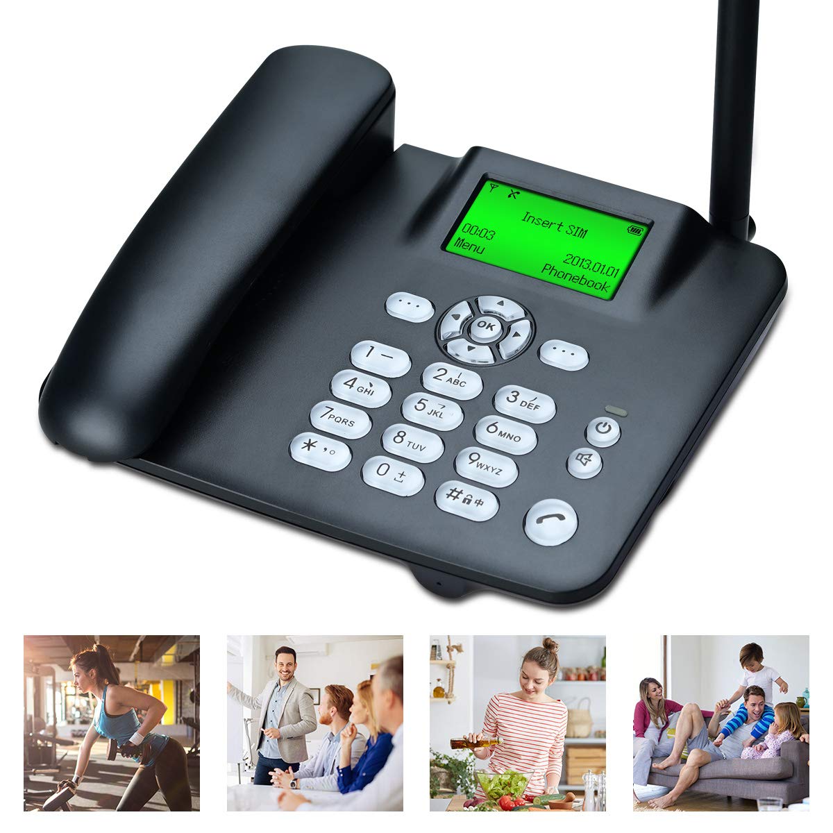 Lychee Simkaart GSM tafeltelefoon, handenvrij, sms, groot display met achtergrondverlichting, radiofunctie, telefoon voor thuis of op kantoor, zwart 01
