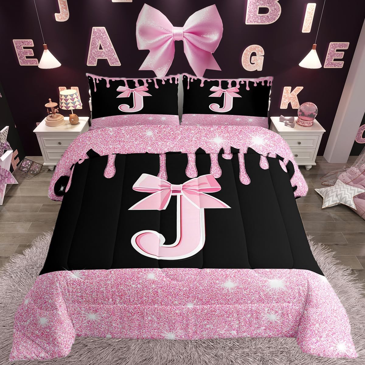 Feelyou Pink Bow Comforter Set Twin Size Initials Decor Bedding Set Gifts for Women Teen Girl Personalized Letter J Duvet Quilt Monogrammed Glitter Diamond Microfiber 2 Pcs with 1 Pillow Cases