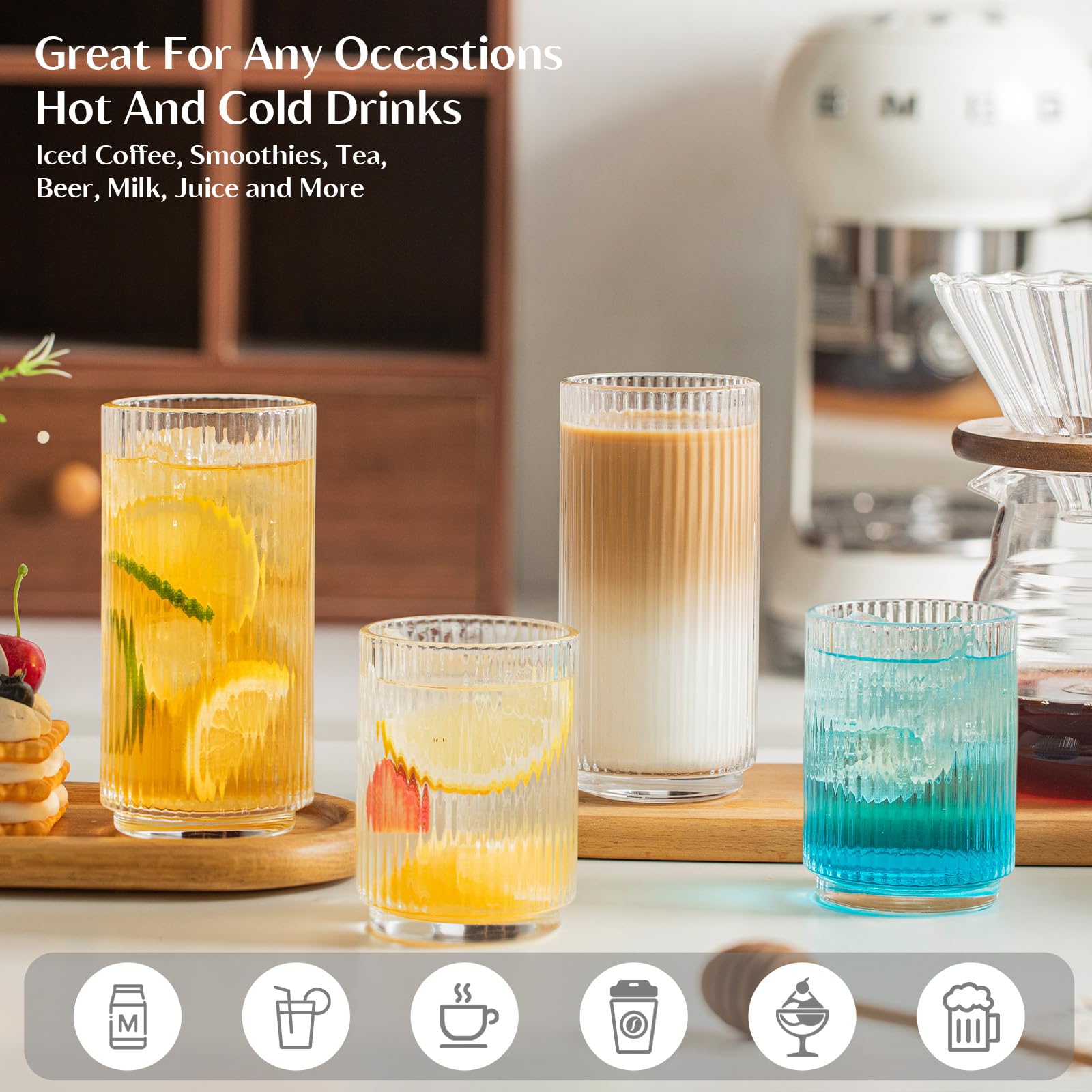 INSETLAN Wassergläser 12er-Set, 6x 355ml Highball Gläser & 6x 235ml Lowball Gläser, Geriffelte Trinkgläser für Ideal für Zuhause, Restaurants, Partys | Spülmaschinenfest