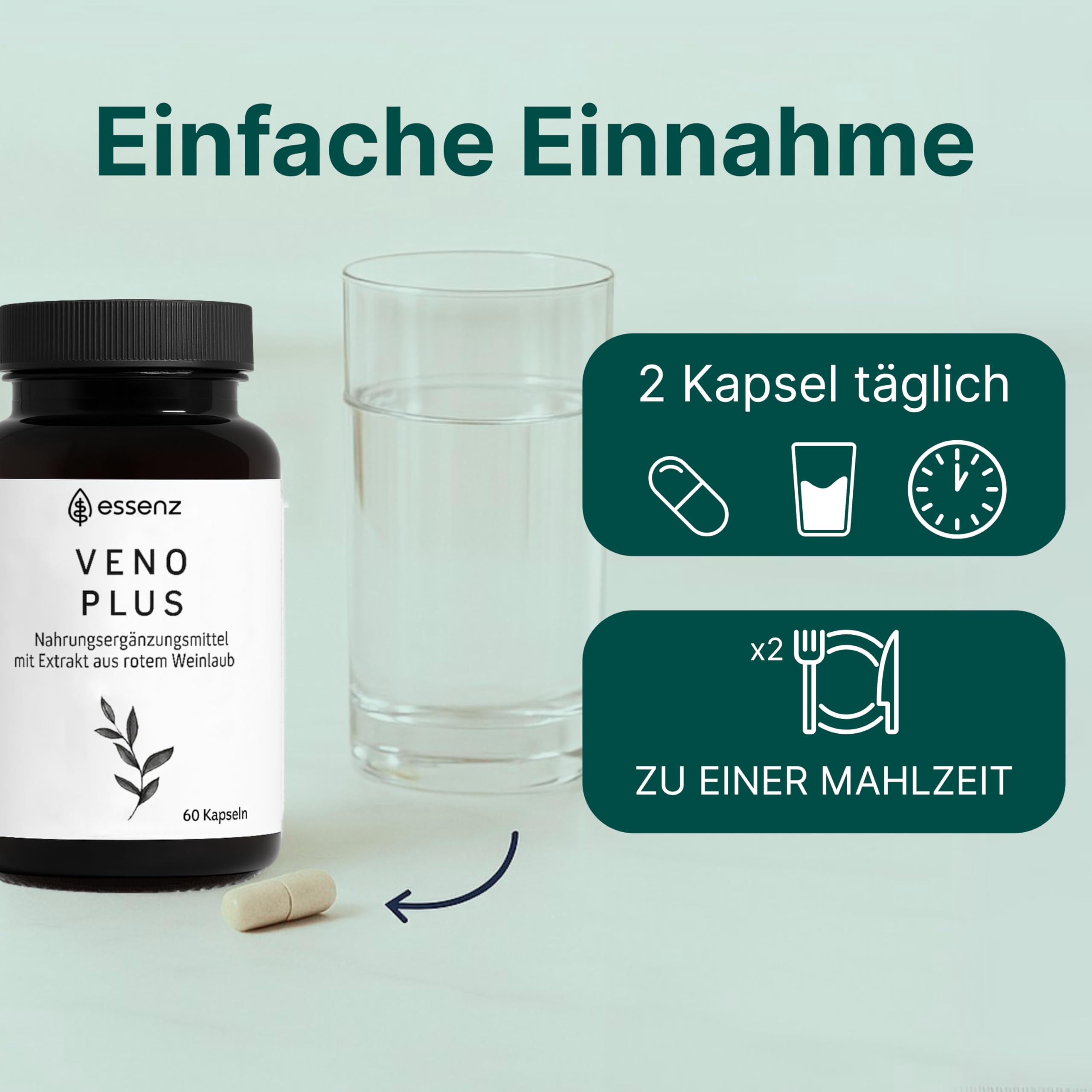 ESSENZ – Veno Plus 2 x 60 Kapseln – Nahrungsergänzungsmittel mit pflanzlichen Extrakten (Rotes Weinlaub, Steinklee, Hamamelis, Tigerkraut, Traubenkern) – vegan & glutenfrei, made in Germany