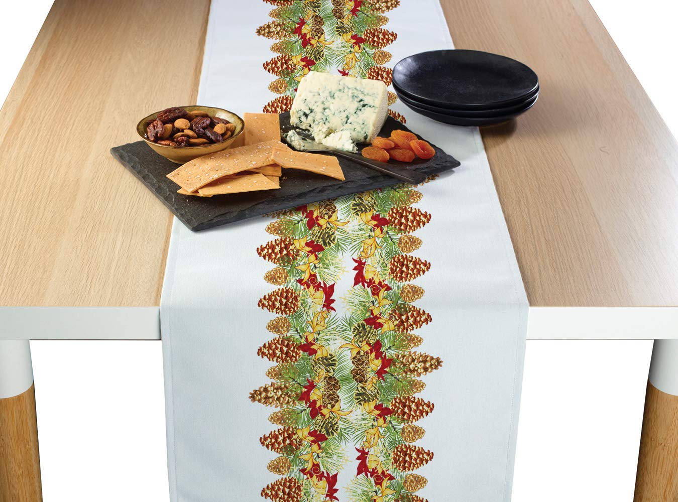Fabric Textile Products, Machine Washable, 100% Milliken Polyester, Tablecloths, Table Runners, Napkins, & Outdoor Tablecloths, Hanging Pinecones Garland (14" x 108")