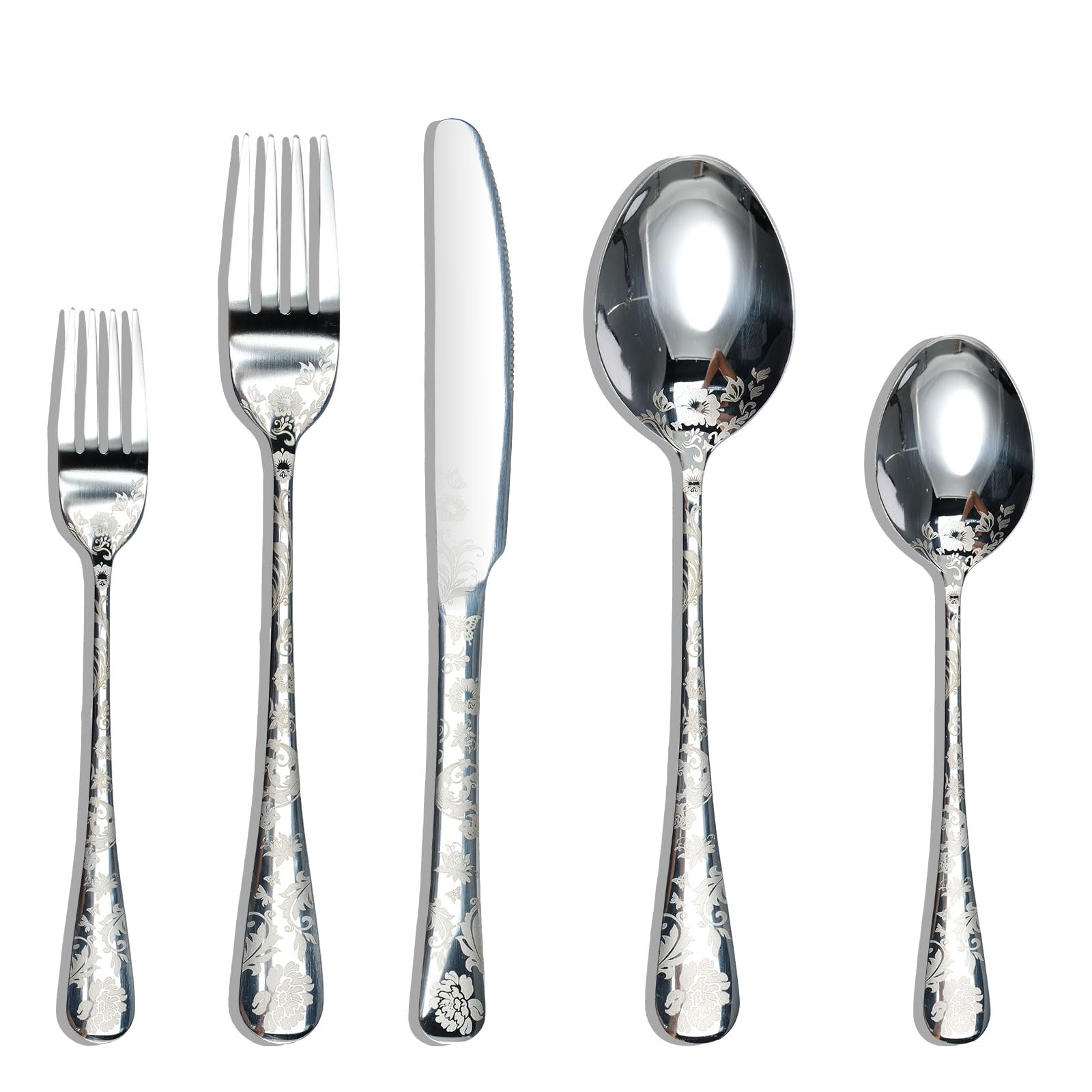 20 Piece Classical Print Stainless Steel Cutlery Set for 4 Flatware Sets Elegant Flower Pattern Tableware Silverware Set with Spoon Knives Forks Dishwasher Safe Utensil for Home Restaurant Party