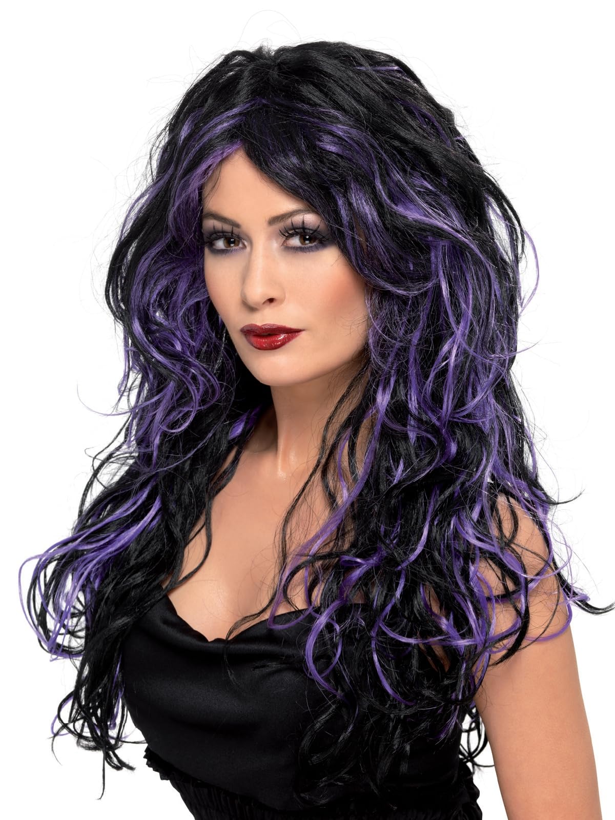 Smiffy's Women's Long Black And Purple Streaked Wig With Curls, One Size, - Wig Halloween Gothic Bride Fancy Dress Ladies Long Purple Witch Costume Black,Purple