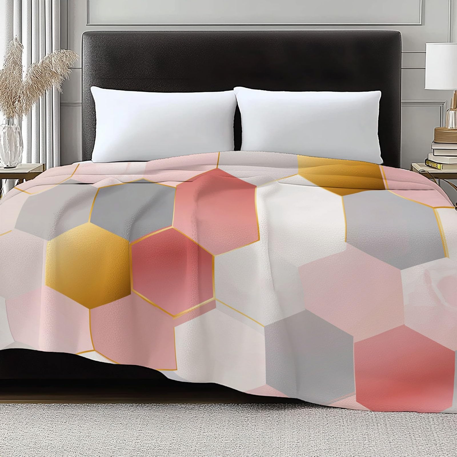 Coperta Plaid Pile in Flanella 180x220 cm Coperta Pile Piccola Esagoni Geometrici A Nido D'Ape, Morbida Soffice Calda Coperte per Divano Singolo Matrimoniale Letto Rosa