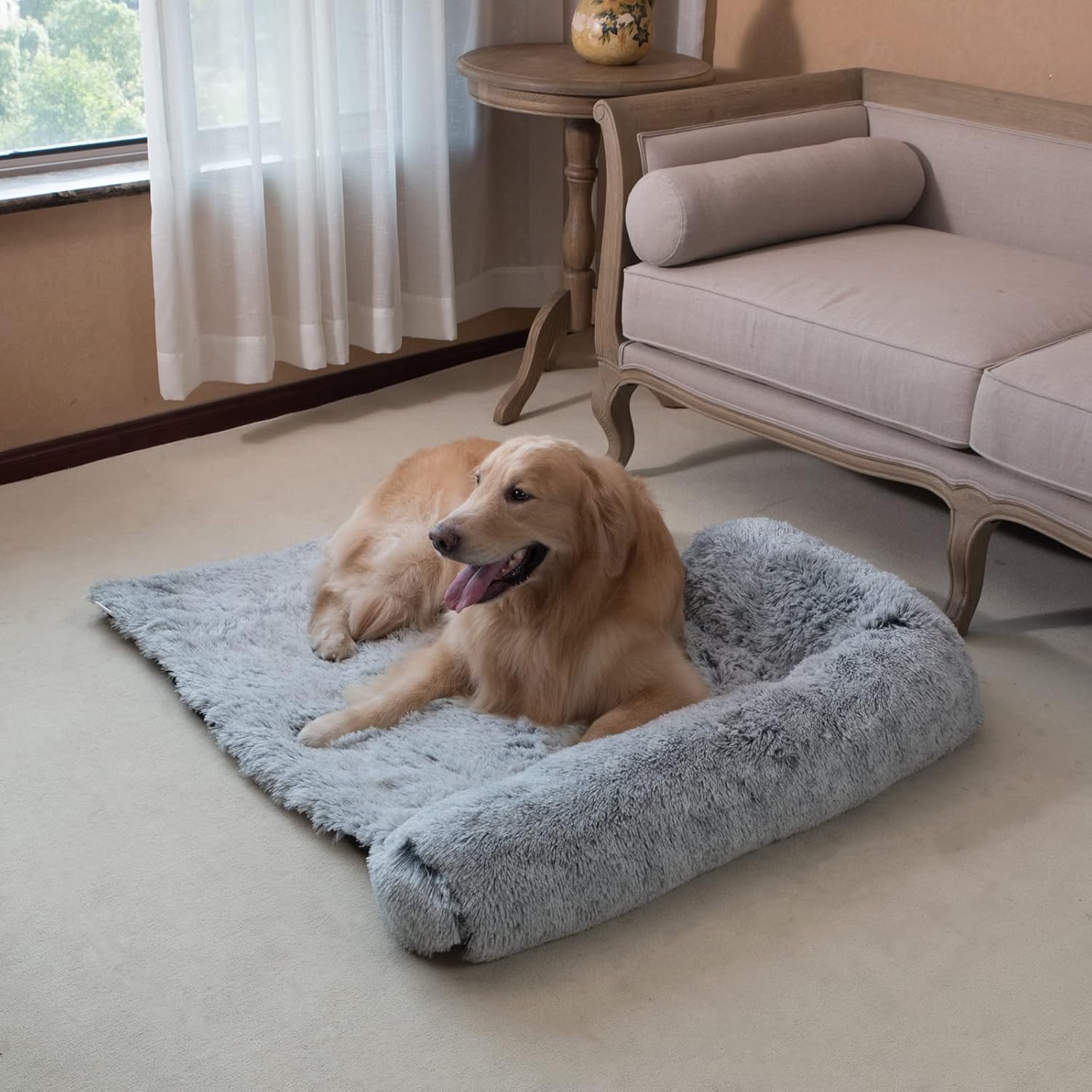 Coohom Calming Dog Bed Pet Couch Protector Dog Cat Bed Mats for Furniture with Removable Washable Cover,Plush Sofa Cover Cushion with Soft Neck Bolster (Large 41", Light Grey) : Pet Supplies