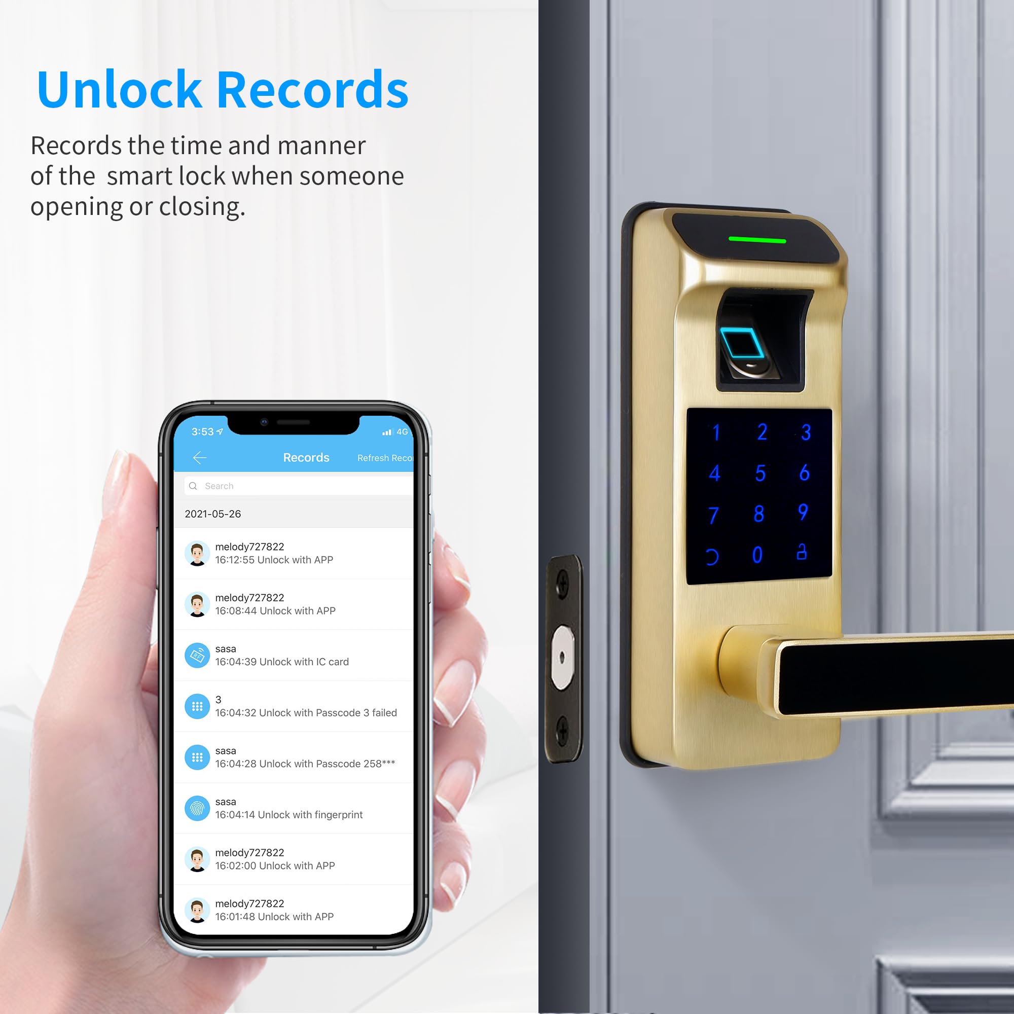 Serratura per porta con impronte digitali, resistente, senza chiave, serratura intelligente 5 in 1, con tastiera touchscreen, serratura senza chiave con maniglia reversibile, serratura con