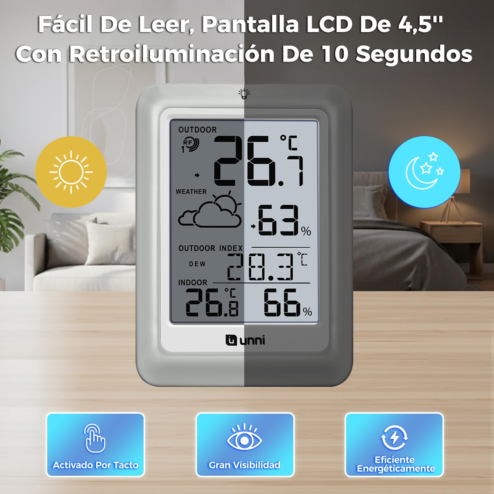 Termómetro inalámbrico para interiores y exteriores funciona con baterías, Sensor remoto de 100 m de alcance y pantalla con retroiluminación