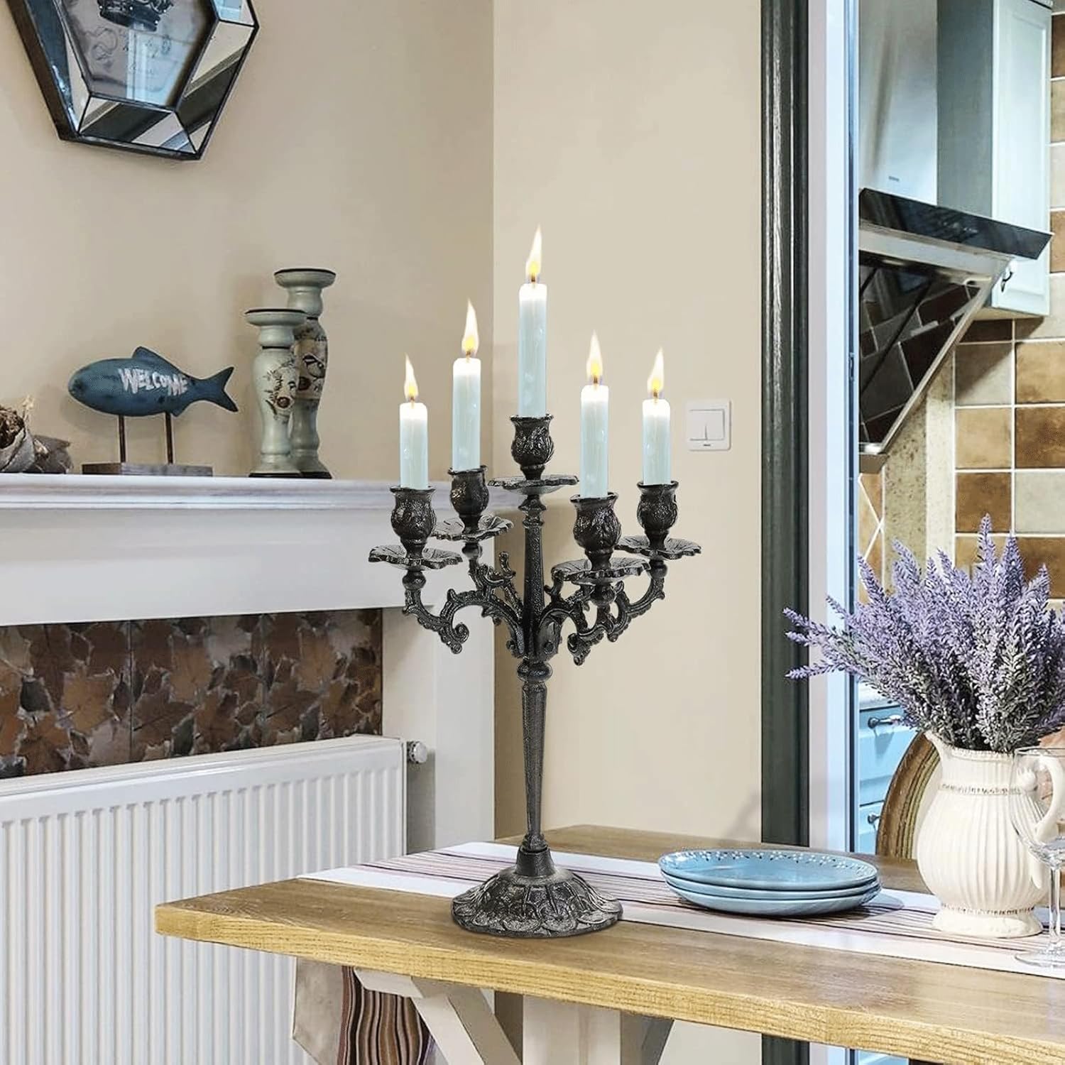 Unique Metal Candle Holder Black 5-Head Candelabra for Table Centerpiece Display - Tall and Vintage Style Glass Candle Holder Stand Spring Decor