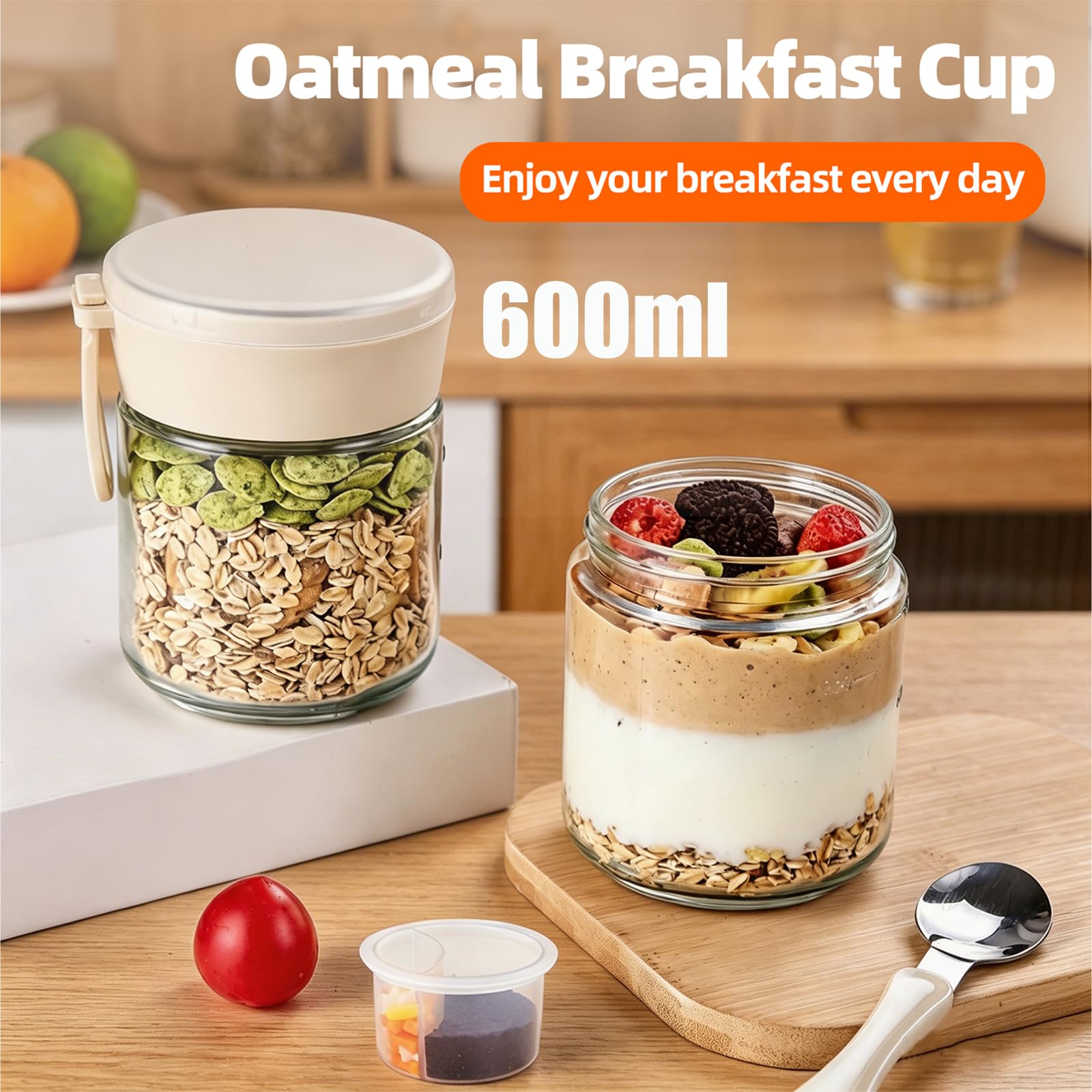 Overnight Oats Overnight Oats - Set di 4 bicchieri con cucchiaio pieghevole, multiuso, con coperchio, per separazione a secco e bagnato, per yogurt, porridge, colazione (4 pezzi, 600 ml)
