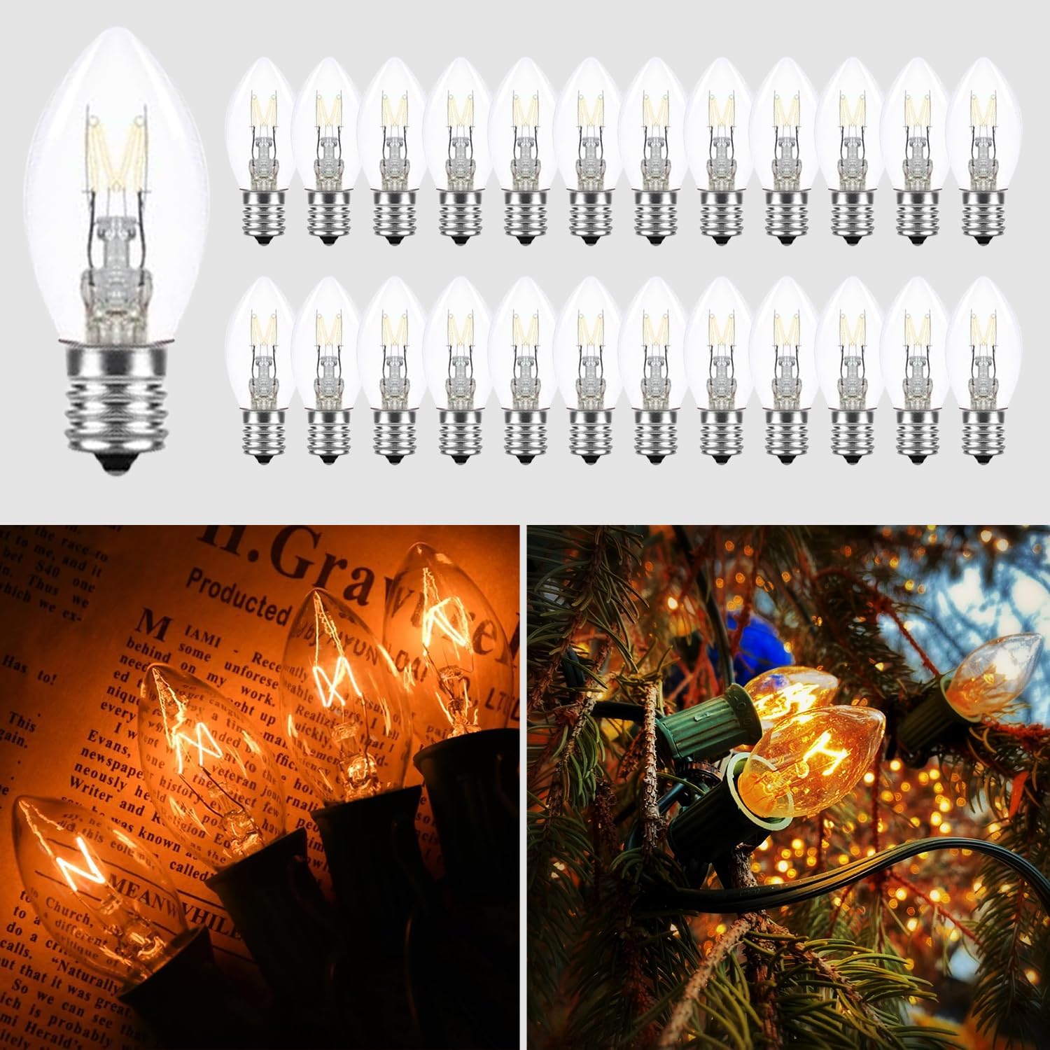 25 Pack C7 Christmas Light Bulbs Nightlight Bulb Vintage Clear Replacement Bulbs for Christmas Village Houses, Xmas Tree, Night Lights, Window Candle & String Light Bulbs Replacement, E12 Base, 5W