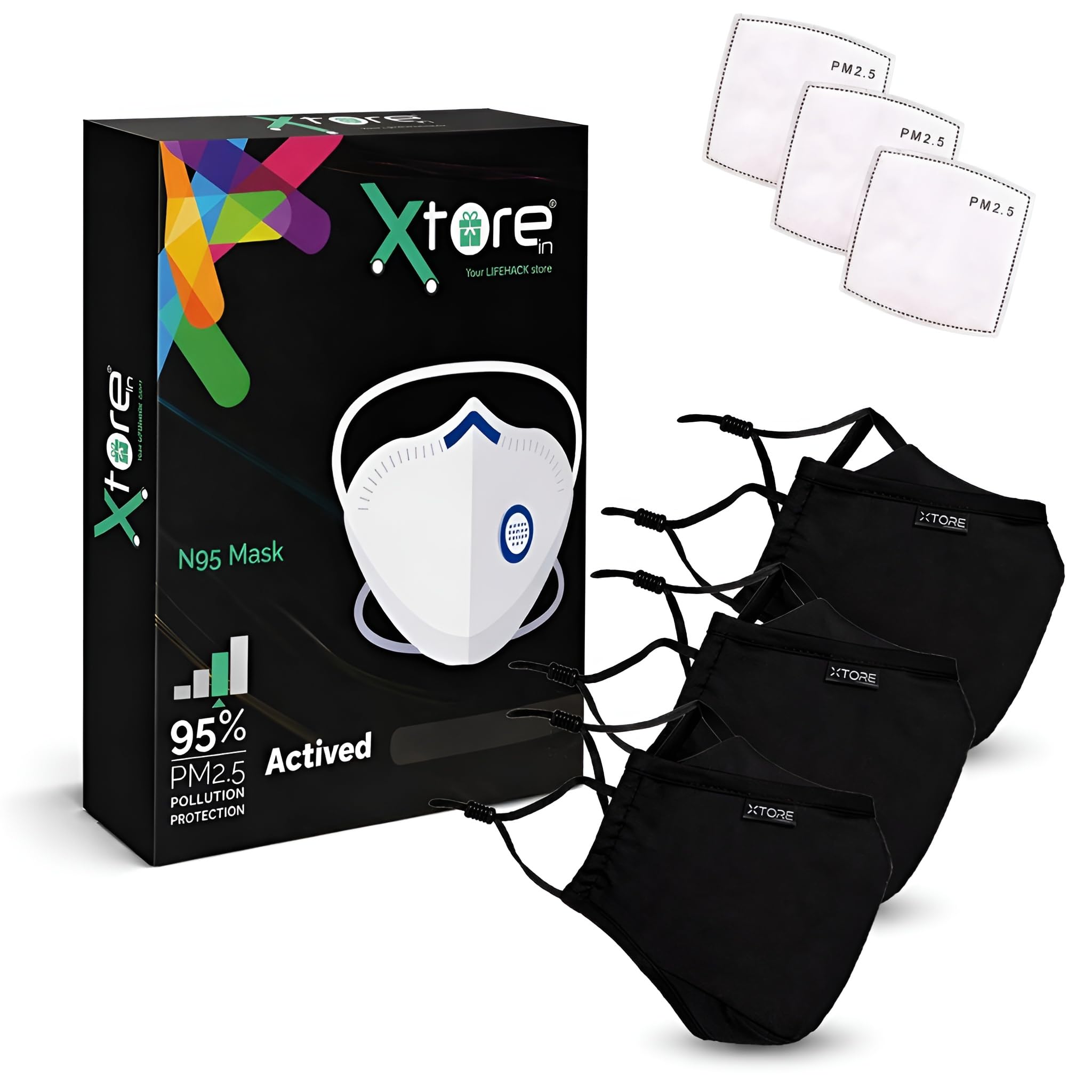 Xtore N95 FDA CE Certified Anti pollution Cotton Reusable Washable without valve Unisex Cloth Mask (Black, Pack of 3)-image-25