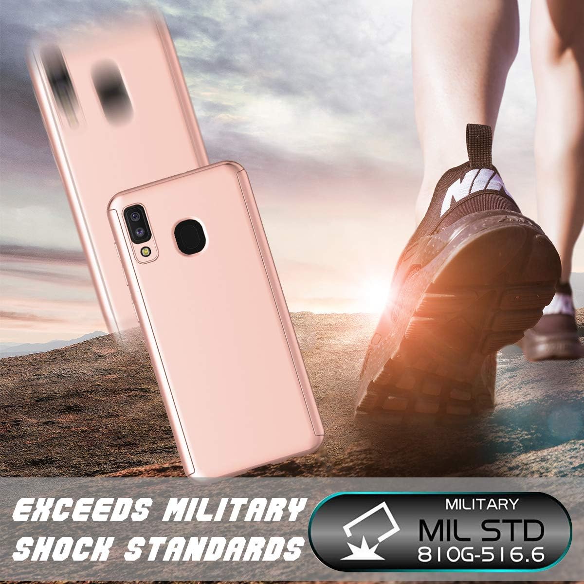 NJJEX Case for Samsung Galaxy A20 / A30, for Galaxy A20/A30 Case W/[Tempered Glass Screen Protector], [N360] 360°All-Around Ultra Thin Full Body Dual Layer Hard Slim Phone Cover -Rose Gold