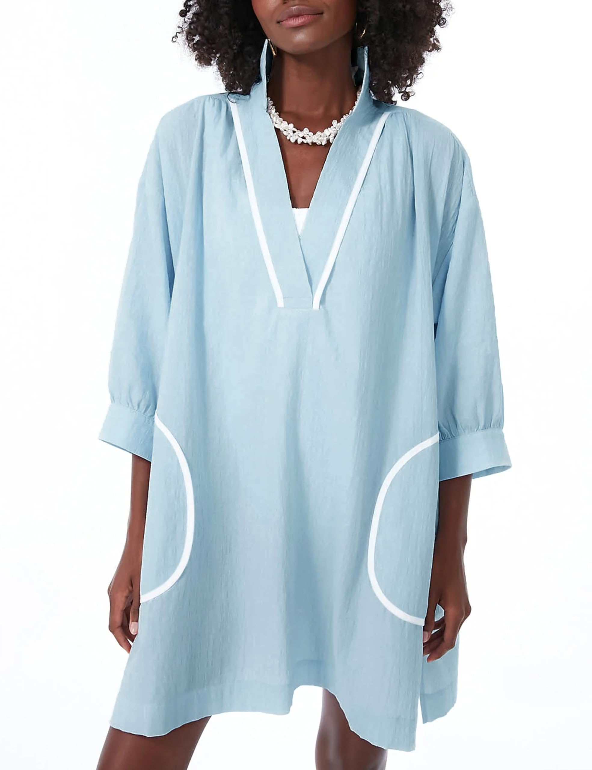 Swimsuit Coverup Womens V Neck 3/4 Sleeve Casual Shirt Dress with Pockets-image-17