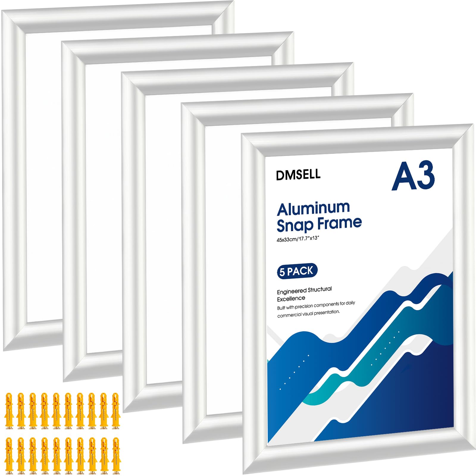 DMSELL 5 Pack A3 Snap Frame Silver, 25mm Aluminium Clip Frame, Wall Mounted Front Opening Picture Frame for Poster Certificate