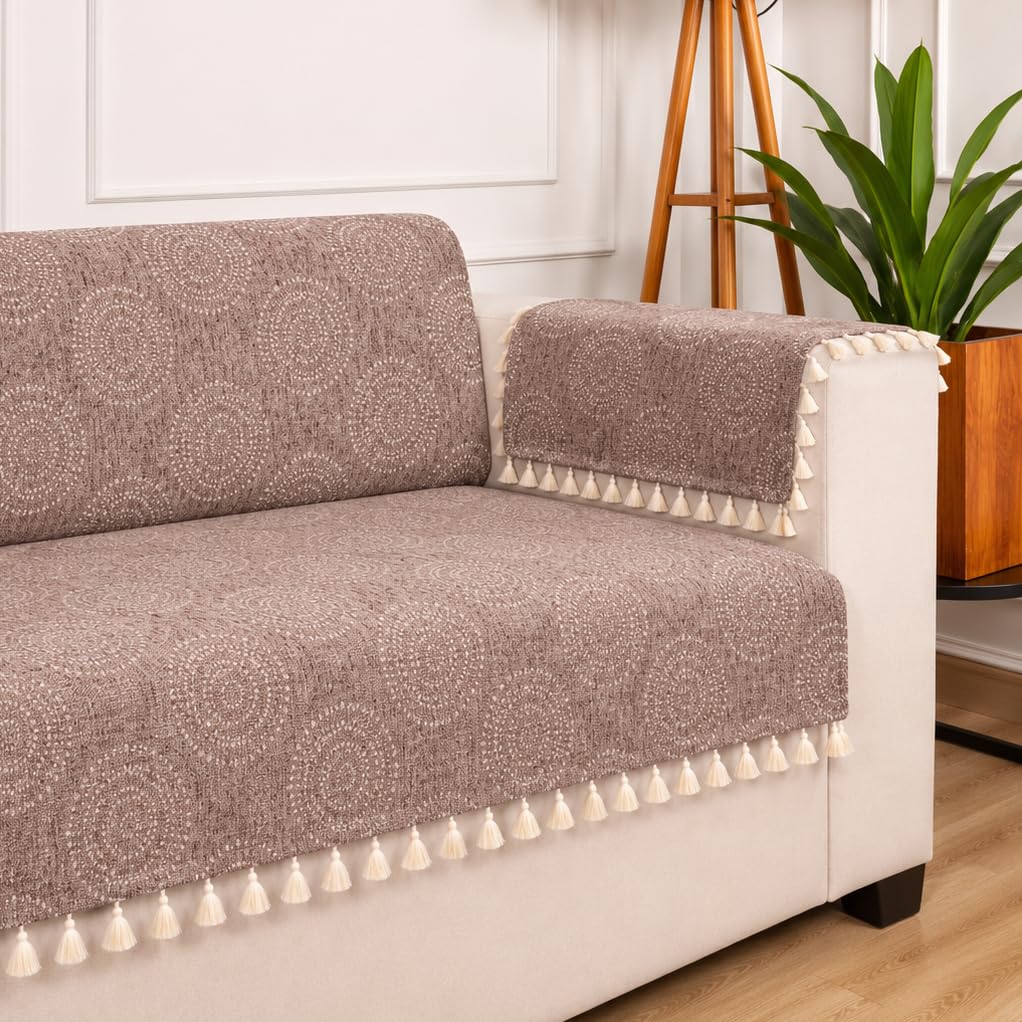 STITCHNEST Woven Fabric Sofa Cover 1 Seater with 2 Hand Rest Covers – Washable Beige Sofa Cover with Tassels – Durable Premium Fabric – Stylish Sofa Protector for Living Room & Furniture Decor