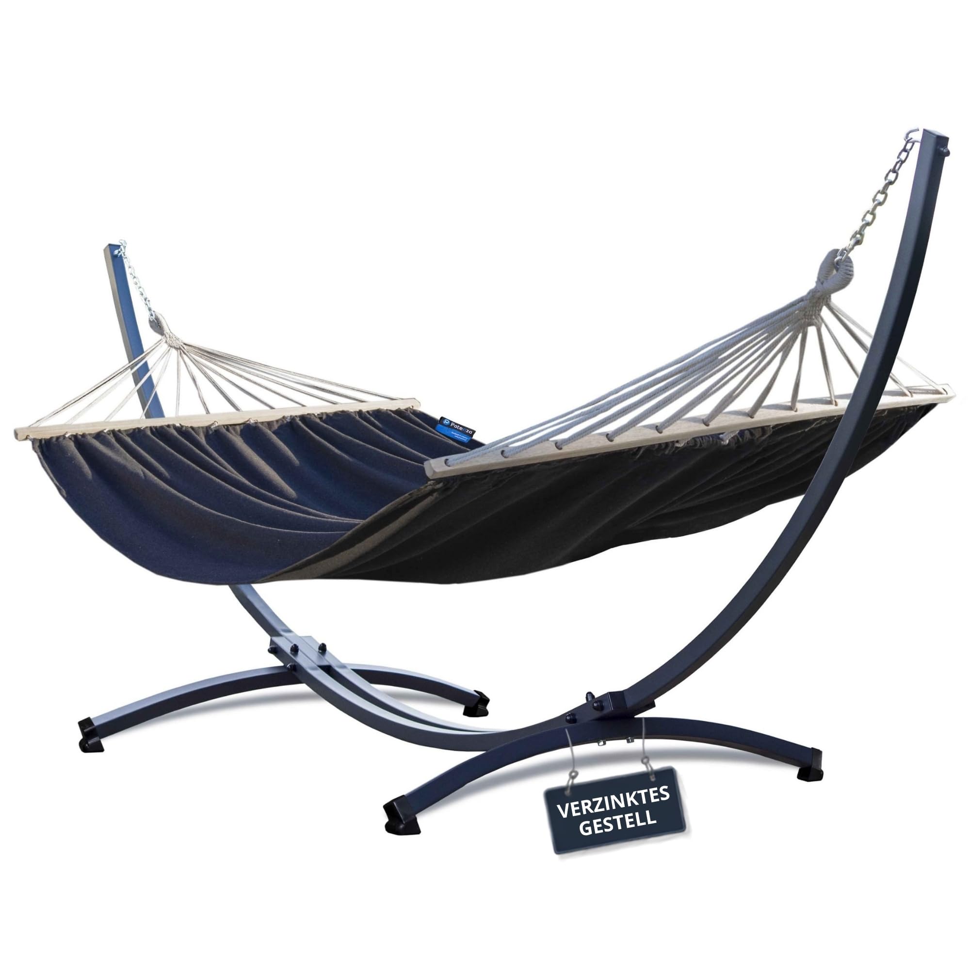 Potenza Outdoor Hängematte mit Gestell für 2 Personen I Stabhängematte XXL 220x160, 200kg I Verzinkter Hängemattengestell 220kg Wetterfest (Grau, Basic Gestell Graphit)