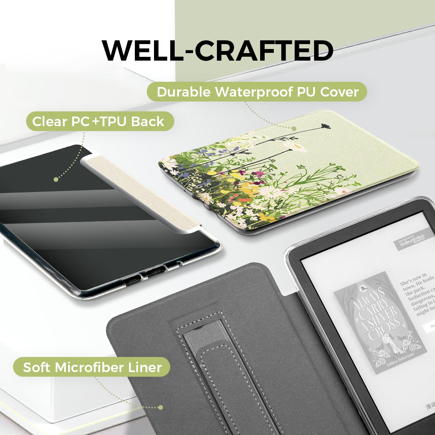 Custodia trasparente verde da 6 pollici con cinturino da polso per Kindle di 11a generazione (versione 2024/2022), graziosa custodia sottile per eReader PocketBook Verse da 6 pollici (versione 2023