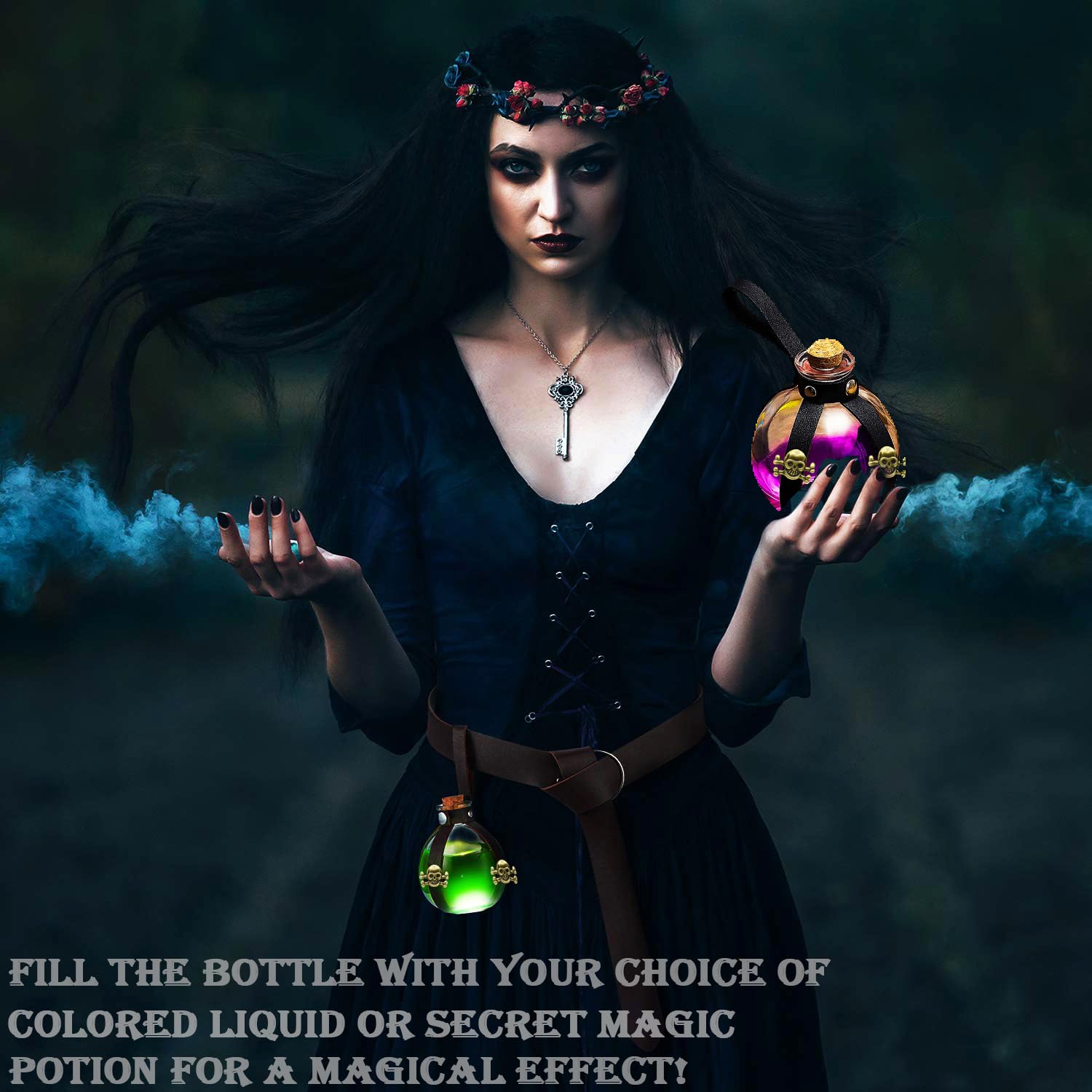 Botella de poción mágica oscura para cosplay, decoración de Halloween, accesorios de disfraz de mago negro y bruja, jarrón de botellas de vidrio con tapón de corcho, accesorios de lazo de cuero 6