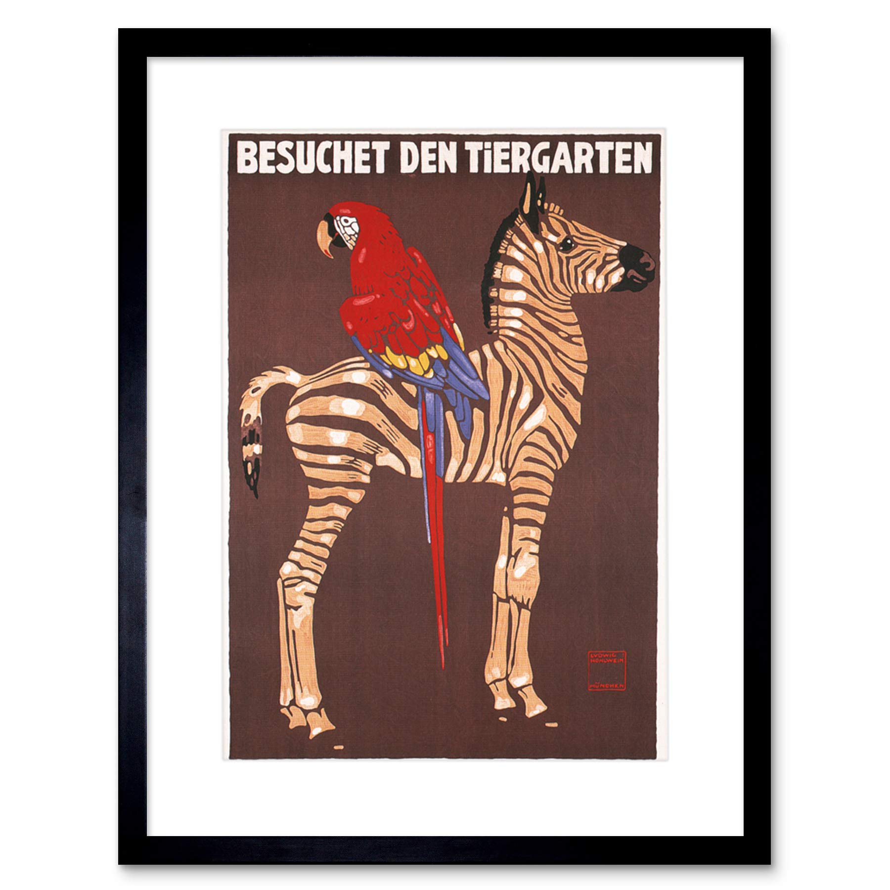 Wee Blue Coo EXHIBITION COMMERCIAL AD ZOO ZEBRA PARROT GERMANY VINTAGE FRAMED PRINT B12X2814