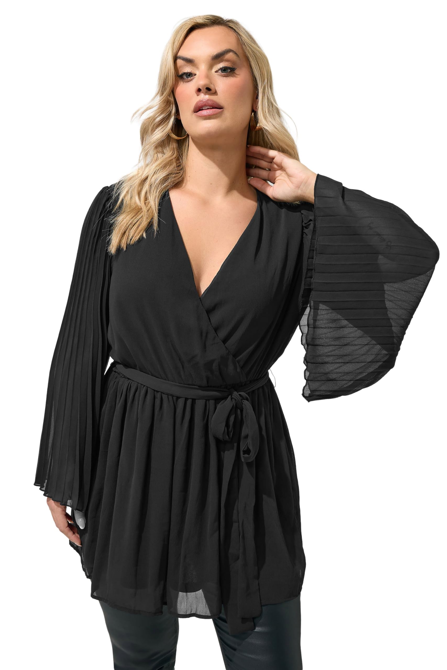 Yours Women's Black Pleat Sleeve Wrap Top In | Size: 16