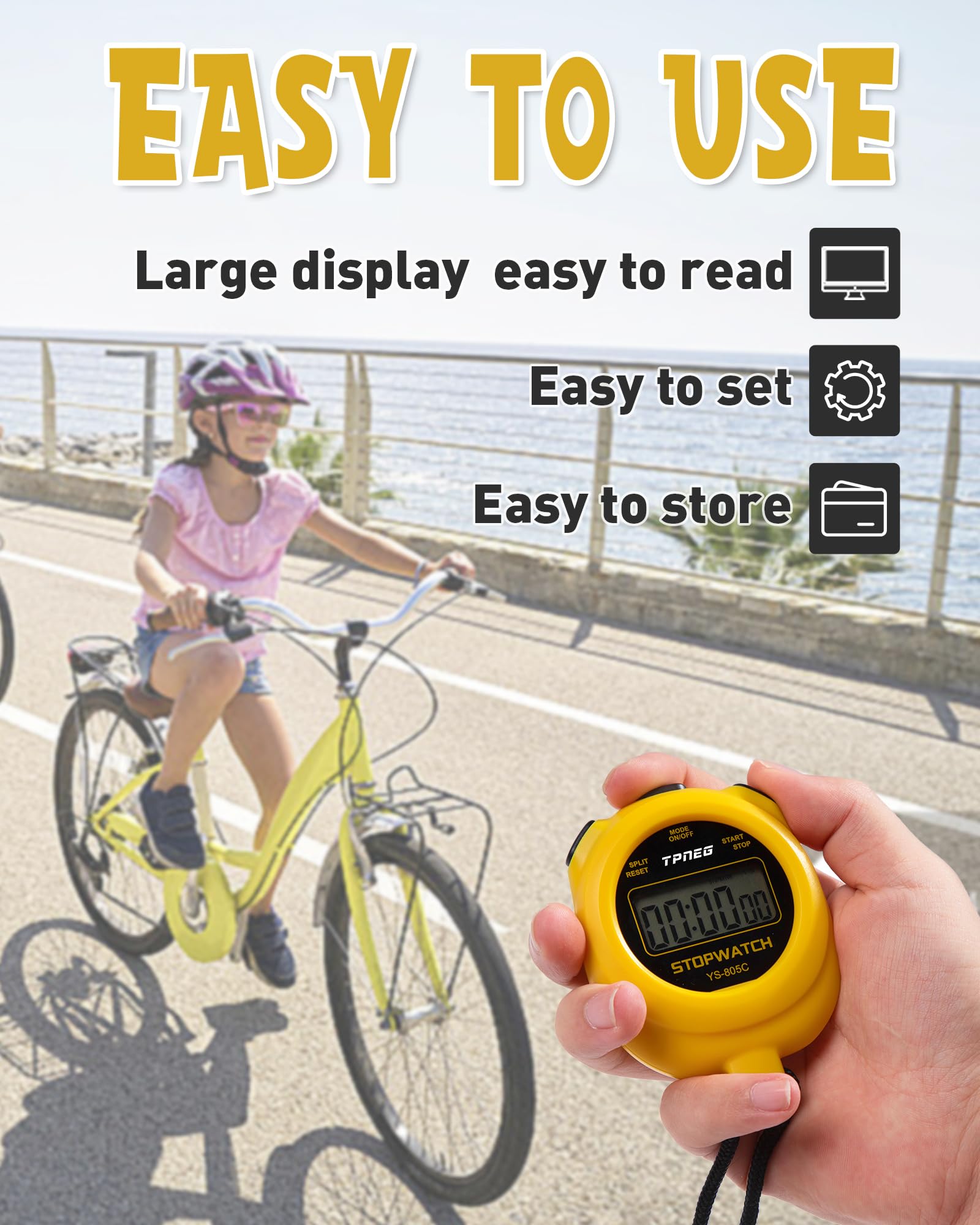 TPNEG Simple Stopwatch Timer - Easy to Use, Set Up, Read, and Carry - Large Display - On/Off, AAA Battery, No Hourly Beep - Ideal for Kids, Track and Field, Sports, Classroom - Stopwatches for Coaches