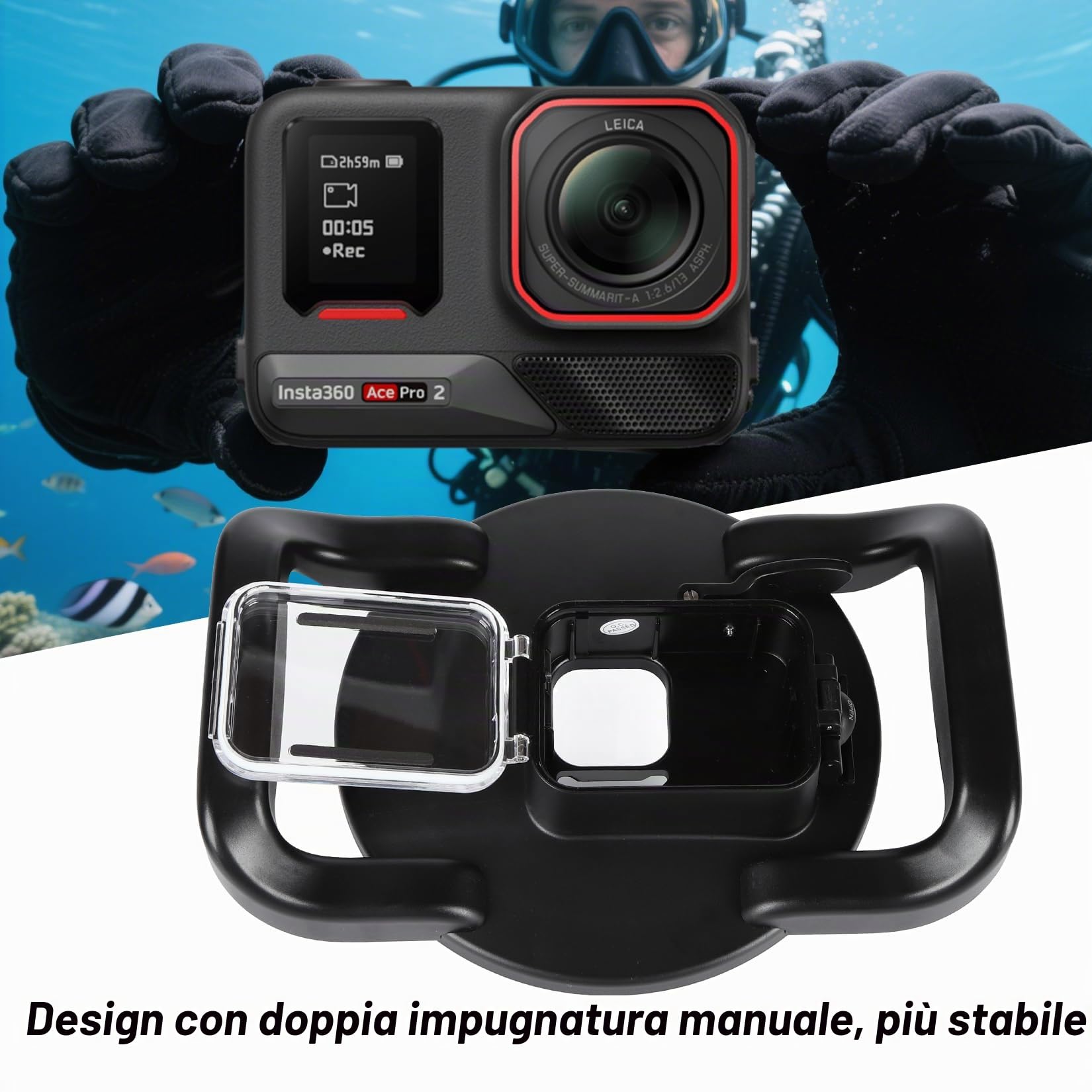 SHOOT Dome Port Custodia Impermeabile per Insta360 Ace Pro 2, Custodia Subacquea Resistente all'acqua 30M/98FT con Doppia Impugnatura per la Videocamera d'azione Insta360 Ace Pro 2