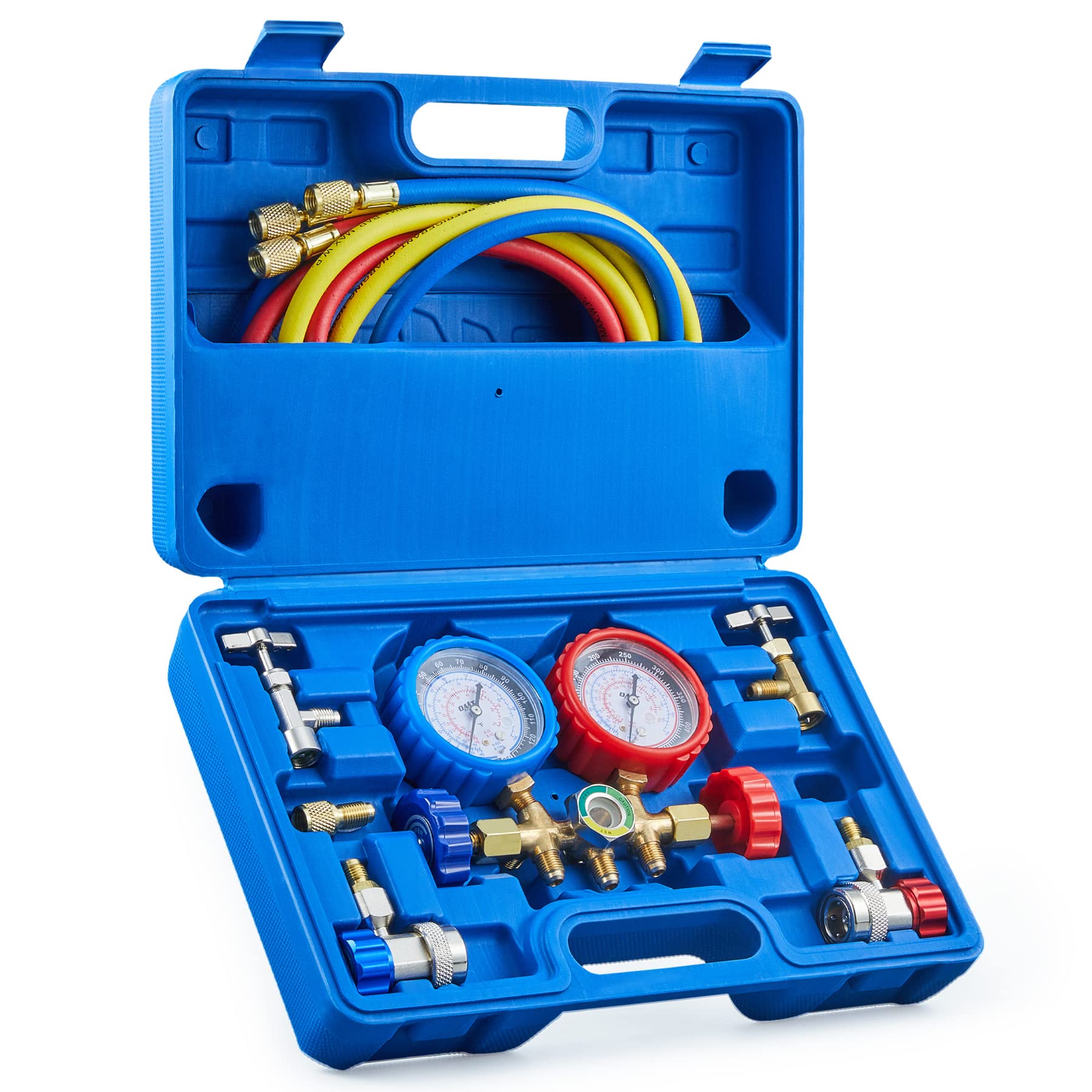 Orion Motor Tech AC Manifold Gauge Set for R12 R502 R134a Refrigerant, 3 Way Car AC Gauge Set w Antishock Gauges Hoses Couplers & Adapter, Puncturing & Self Sealing Can Tap Freon Charge Kit, Blue Case