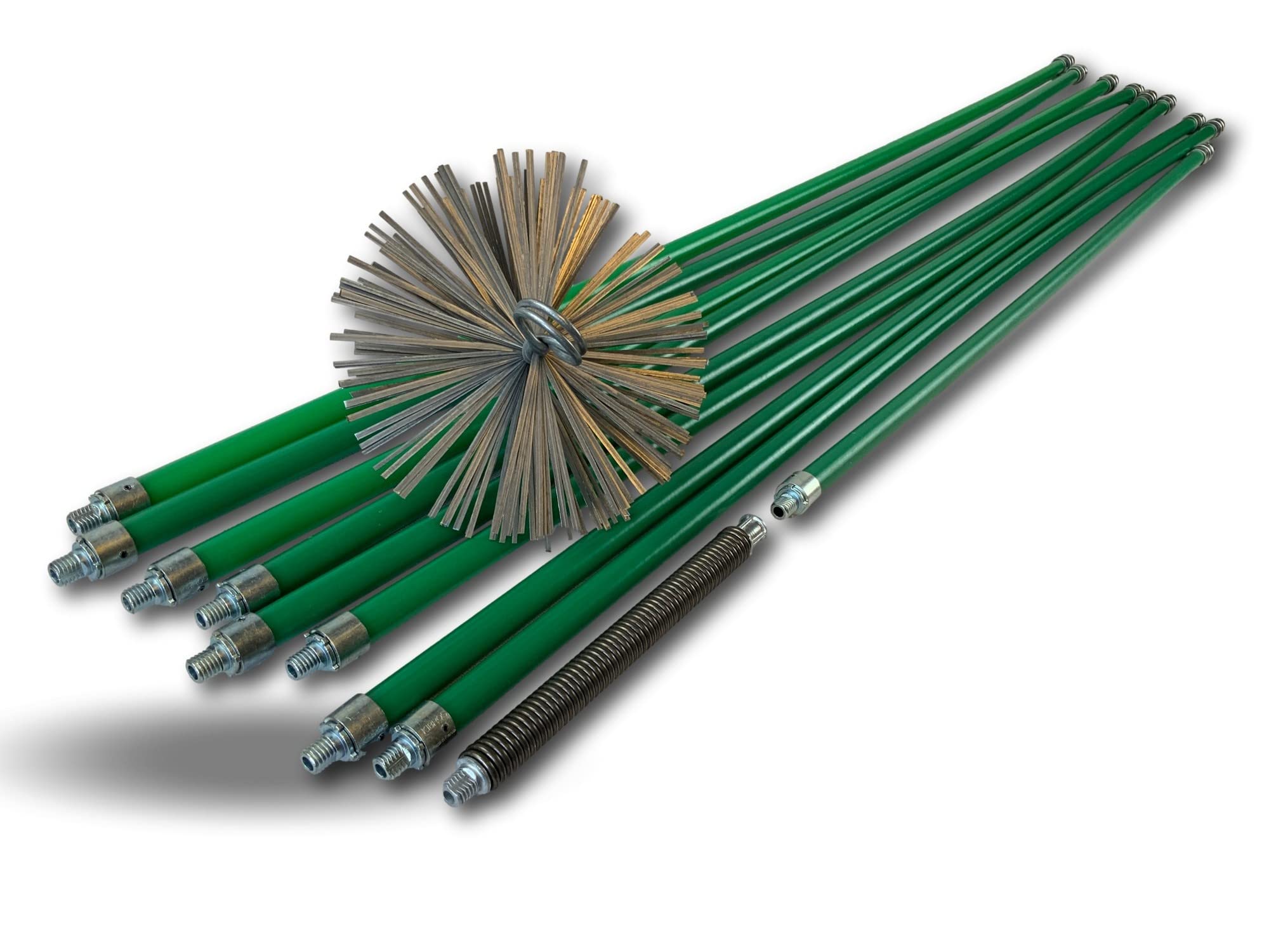 Kibros Kit spazzacamino pro non intubata scovolo acciaio Ø 180 mm 9 aste | Scovolo acciaio piatto, 9 aste verdi cave Ø 18 mm (8×1,4 m + 1×1 m), 12,20 m, canne fumarie non intubate.