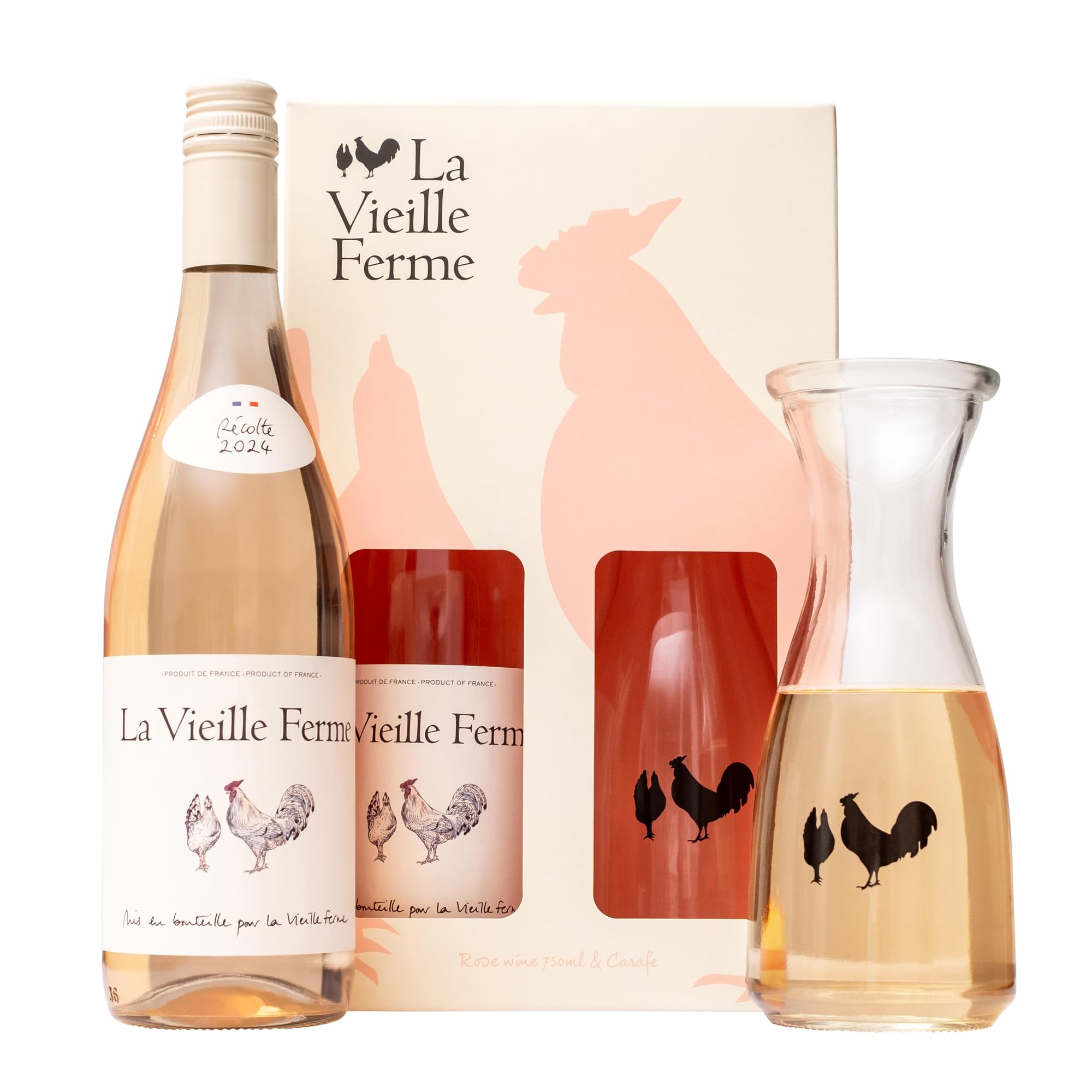 La Vieille Ferme Rose Wine Gift Set – Chicken Wine, Official Licensed Luxury Rosé, 750 ml Bottle & Carafe, Elegant Gifts for Women, Birthday - Premium Alcohol Set, Ladies, Mum Gifts