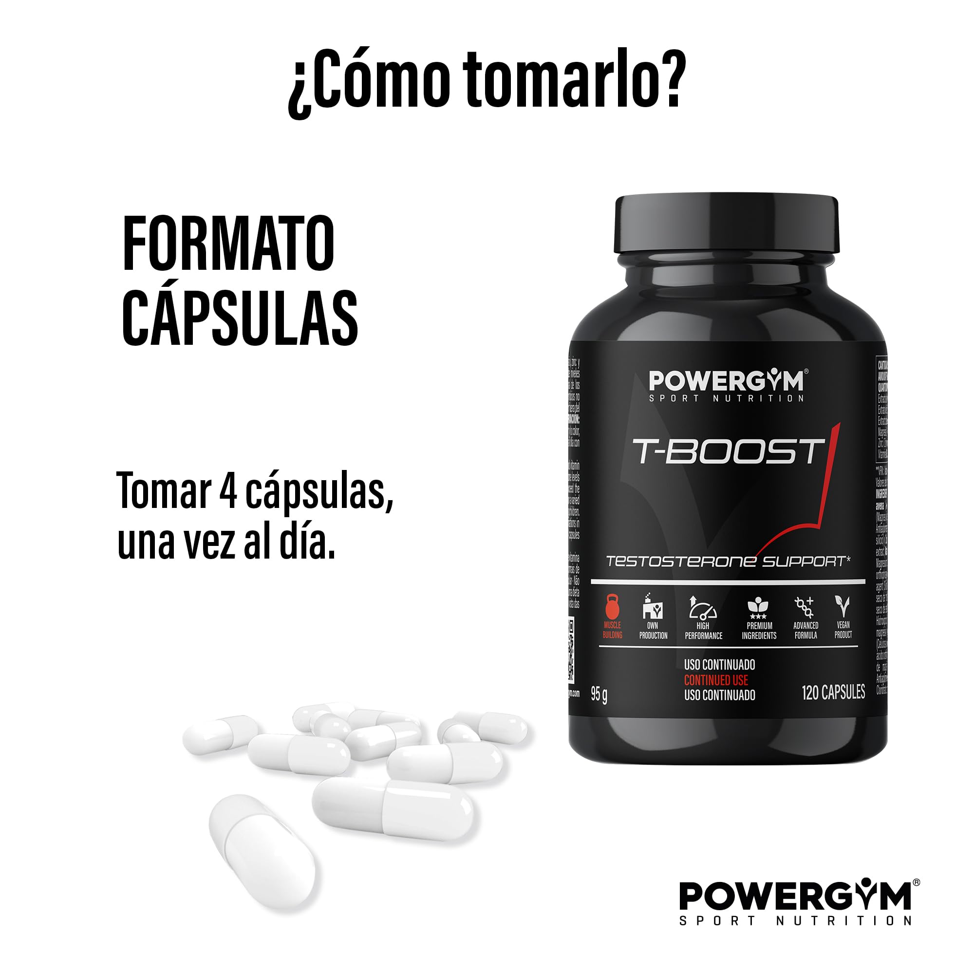 POWERGYM | Tboost 120 Cápsulas Potenciador muscular natural, mejora el crecimiento y recuperación muscular – Formula con tribulus terrestris, magnesio, zinc y vitamina B6