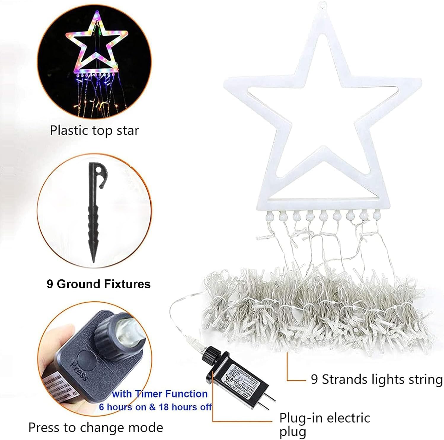 Christmas Decoration Lights, Outdoor Christmas String Lights 320 LED 11.5 Ft Waterfall Tree Light with Big Star Topper 8 Light Modes for Xmas New Year Holiday Garden Yard Indoor Outdoor Decor