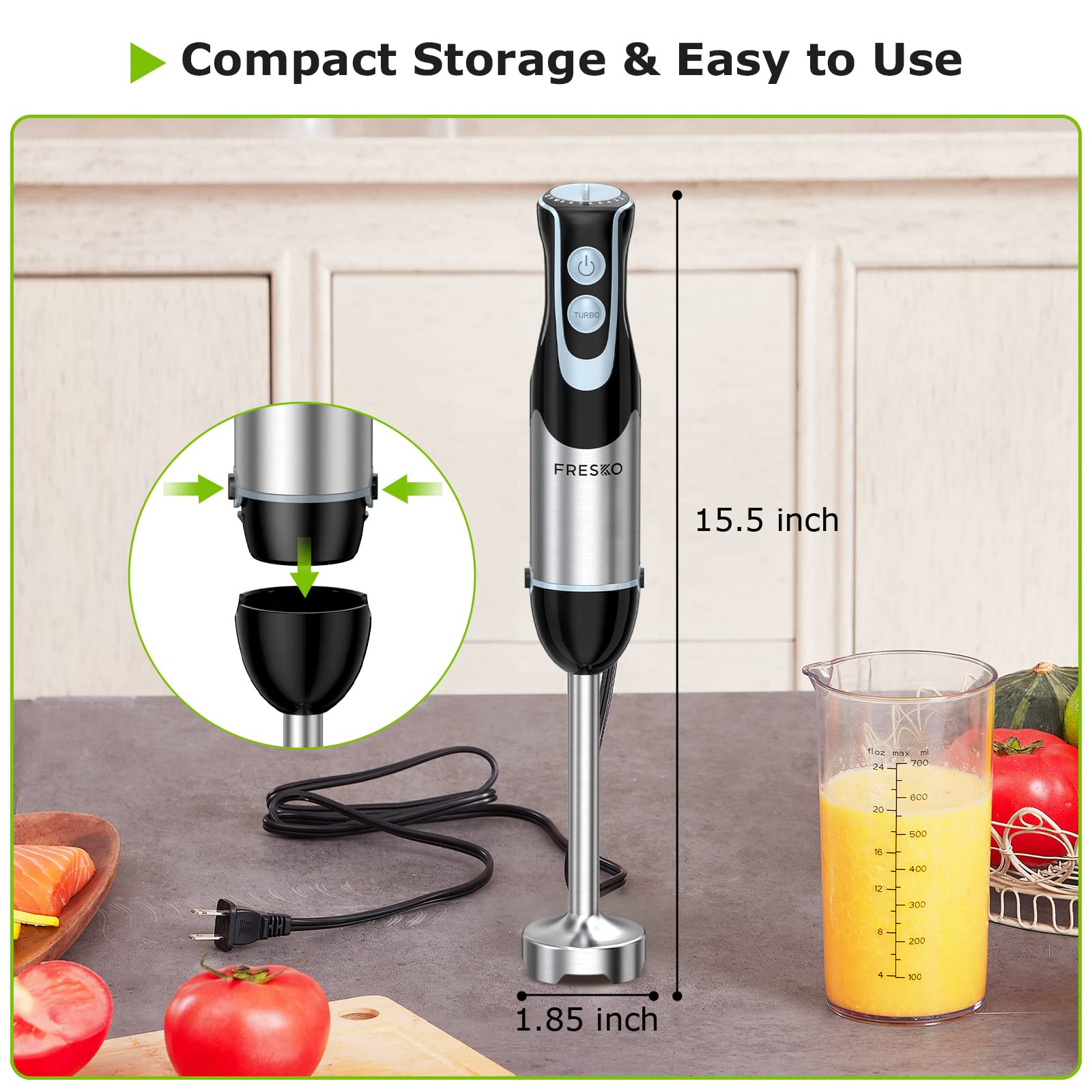 Immersion Blender Handheld, FRESKO 12-Speed Powerful Hand Blender Stick with Turbo Mode & 4 Stainless Steel Blades, Heavy Duty Copper Motor Hand Mixer, 700ml Beaker for Soup,Smoothie,Puree,Baby Food