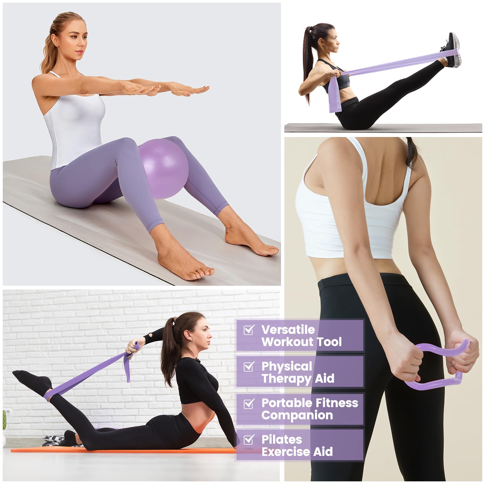 HGKZJSL Home Pilates Essentials Kit for Women,Pilates Equipment Set with 9 Inch Yoga Ball,Figure 8 Resistance Band,Pilates Bands & Accessories,Pilates Ring and Ball Set for Beginners Home Workouts: Lavender