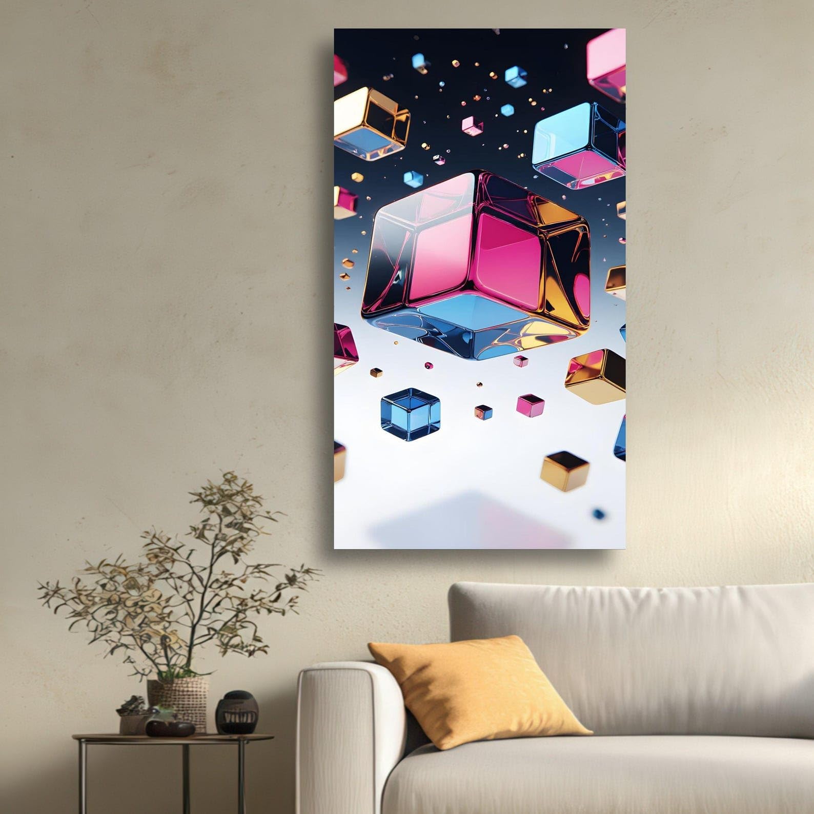 XINBAO Kolorowe pływające kostki obrazy na płótnie, abstrakcyjny geometryczny wzór, wystrój domu, złudzenie 3D, malarstwo w kształcie (55 x 100 cm/bez ramki)